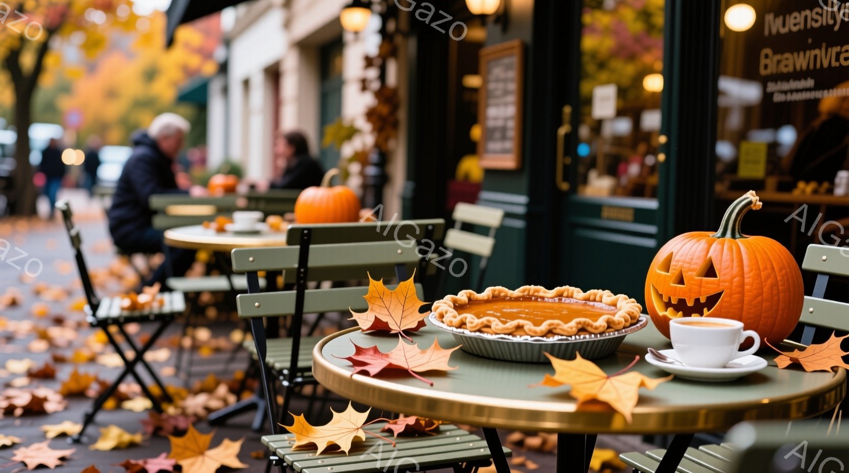 緑色のテーブルには、焼きっぱなしのパイとコーヒーカップが置かれ、ハロウィンのカボチャが隣に飾られています。背景には、人々が座っているカフェの窓と、落ち葉で覆われた歩道が見え、秋の穏やかな雰囲気を感じさせます。曇り空の下、カボチャとカフェの温かい光が、季節の移り変わりを象徴しています。