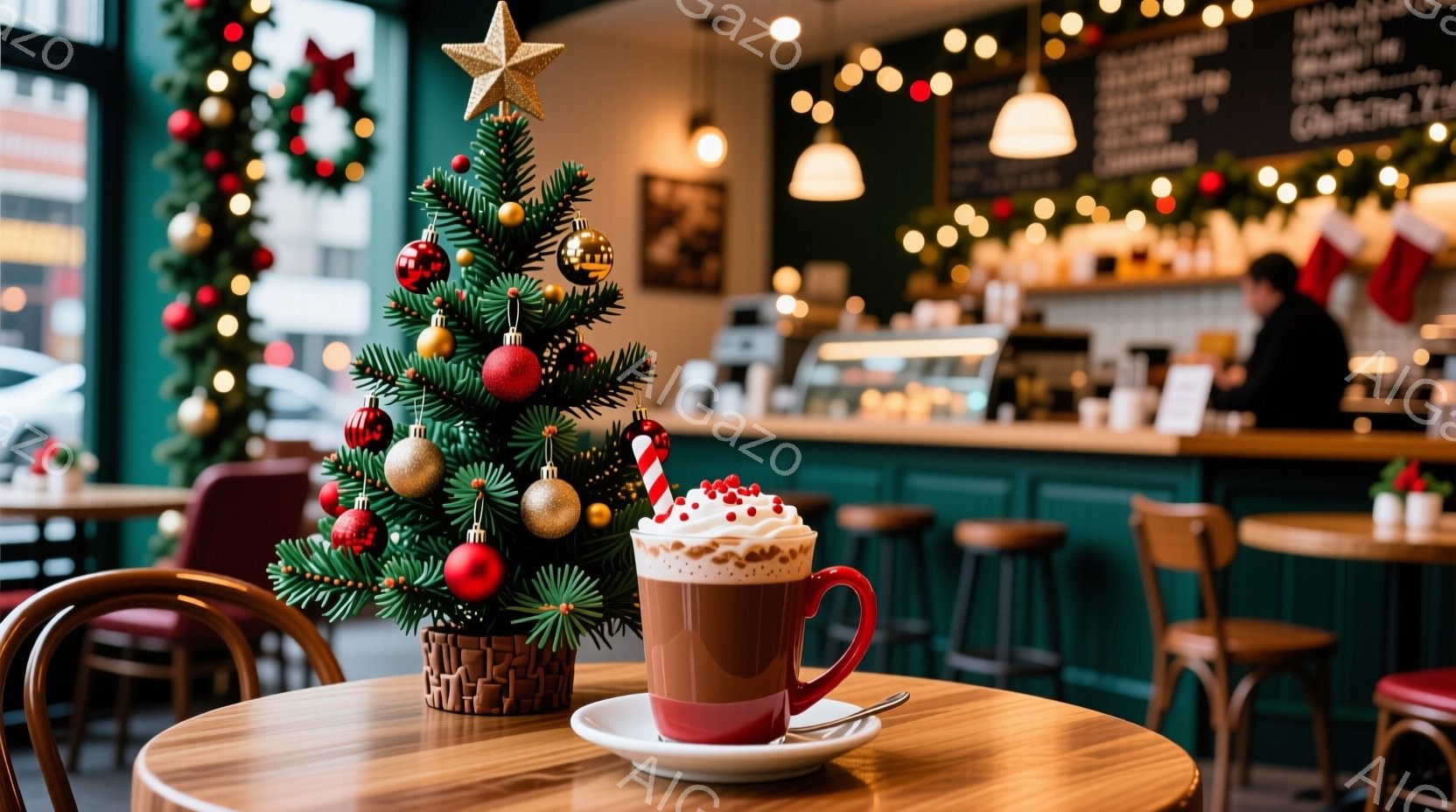 クリスマスシーズンを象徴する暖炉のあるカフェのテーブルの上に、赤いカップに入った泡とチョコレートソースがかかった温かい飲み物が置かれています。テーブルの隣には小さなクリスマスツリーが飾り付けられ、背景 - AI生成フリー素材