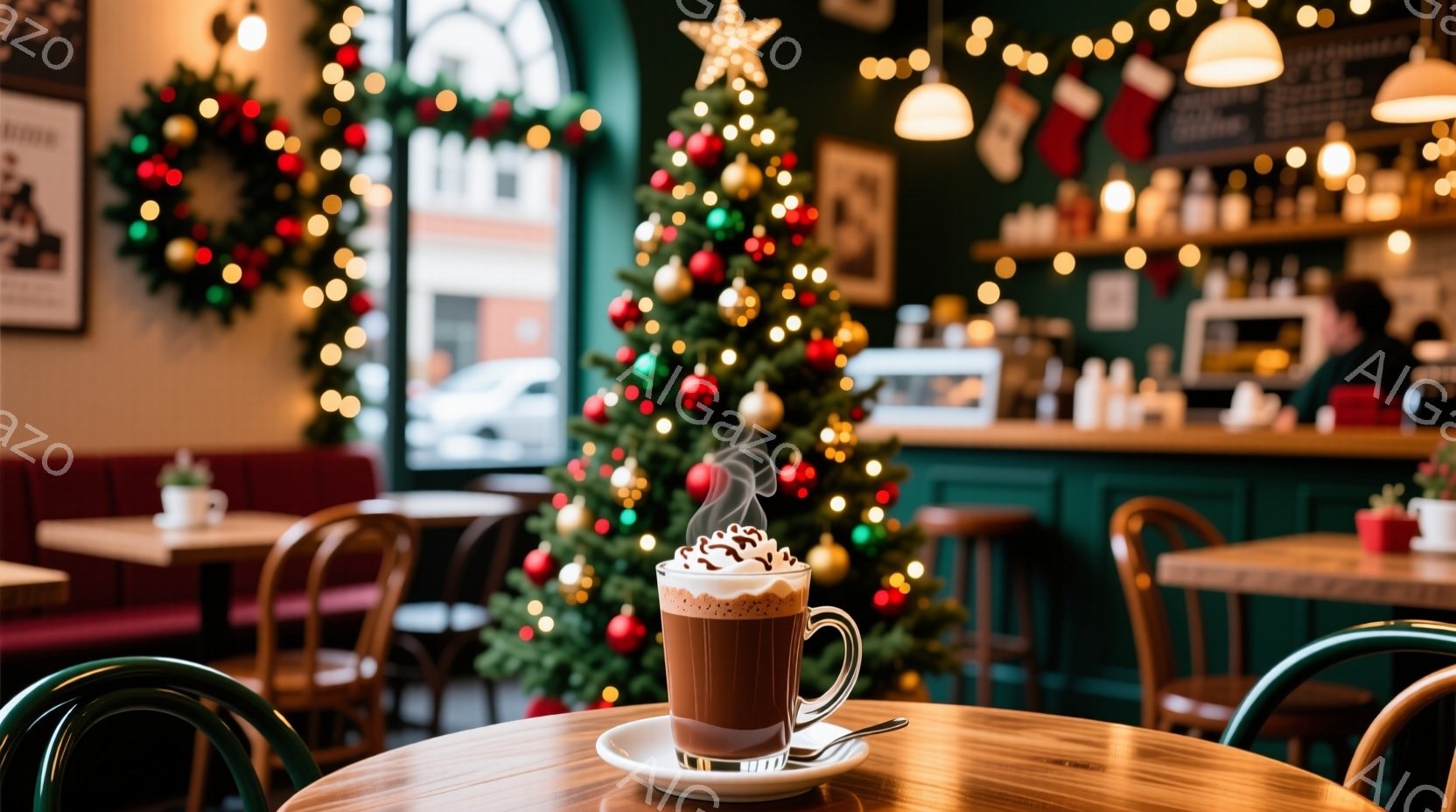 温かいココアがテーブルの上のカップに湯気を立てています。背景には、クリスマスツリーや装飾が施されたカフェの店内がぼやけて見え、暖かく華やかな雰囲気が漂っています。木製のテーブルと赤い椅子が温かみを加え、冬の穏やかなひとときを表現しています。