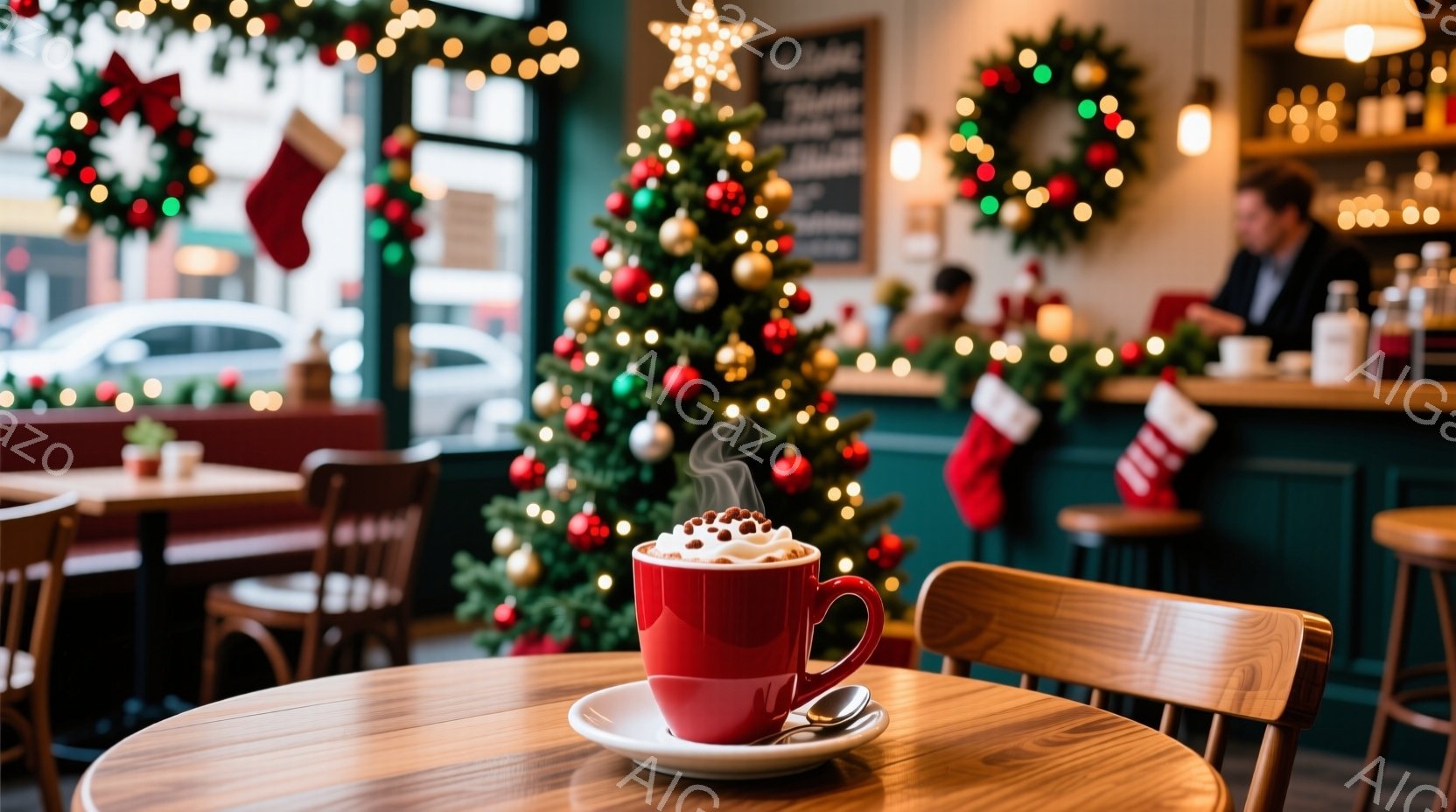 クリスマス装飾が施されたカフェの内部で、赤いマグカップに入った湯気が立ち上る飲み物がテーブルに置かれている。背景にはクリスマスツリーやガーランドが飾られ、奥にはカウンターで働く男性の姿が見える。暖かく、居心地の良い、ホリデーシーズンらしい雰囲気が漂っている。