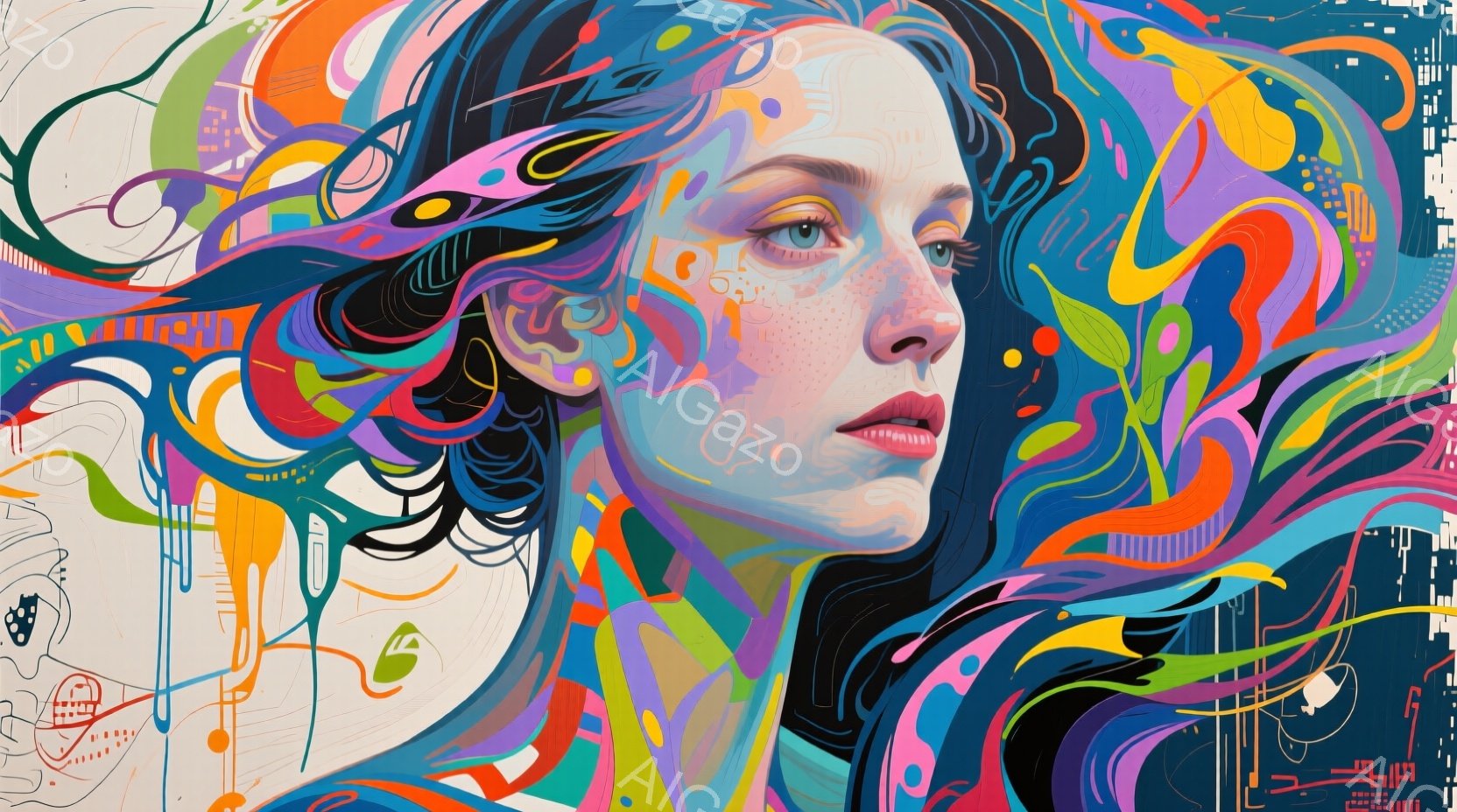 明るい色の抽象的な背景に、そばかすのある女性が描かれています。彼女は暗い巻き毛の髪を持ち、少し憂いを帯びた表情で、遠くを見つめています。背景は、鮮やかな色彩と曲線的な模様が組み合わさり、まるで夢の中のような幻想的な雰囲気を醸し出しています。