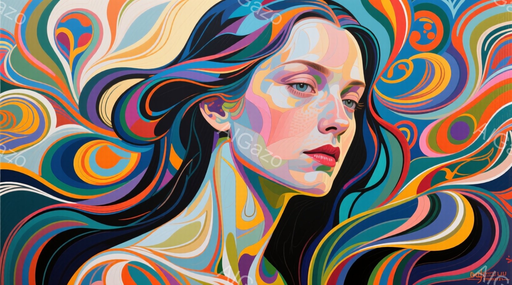 鮮やかな色彩で描かれた女性のポートレートで、渦巻くような髪は豊かな茶色と深い青のグラデーションで表現されている。彼女の表情はどこか憂いを帯びており、視線はわずかに外を見つめ、落ち着いた雰囲気を醸し出している。背景は様々な色と曲線で構成され、まるで万華鏡のような幻想的な空間を作り出している。