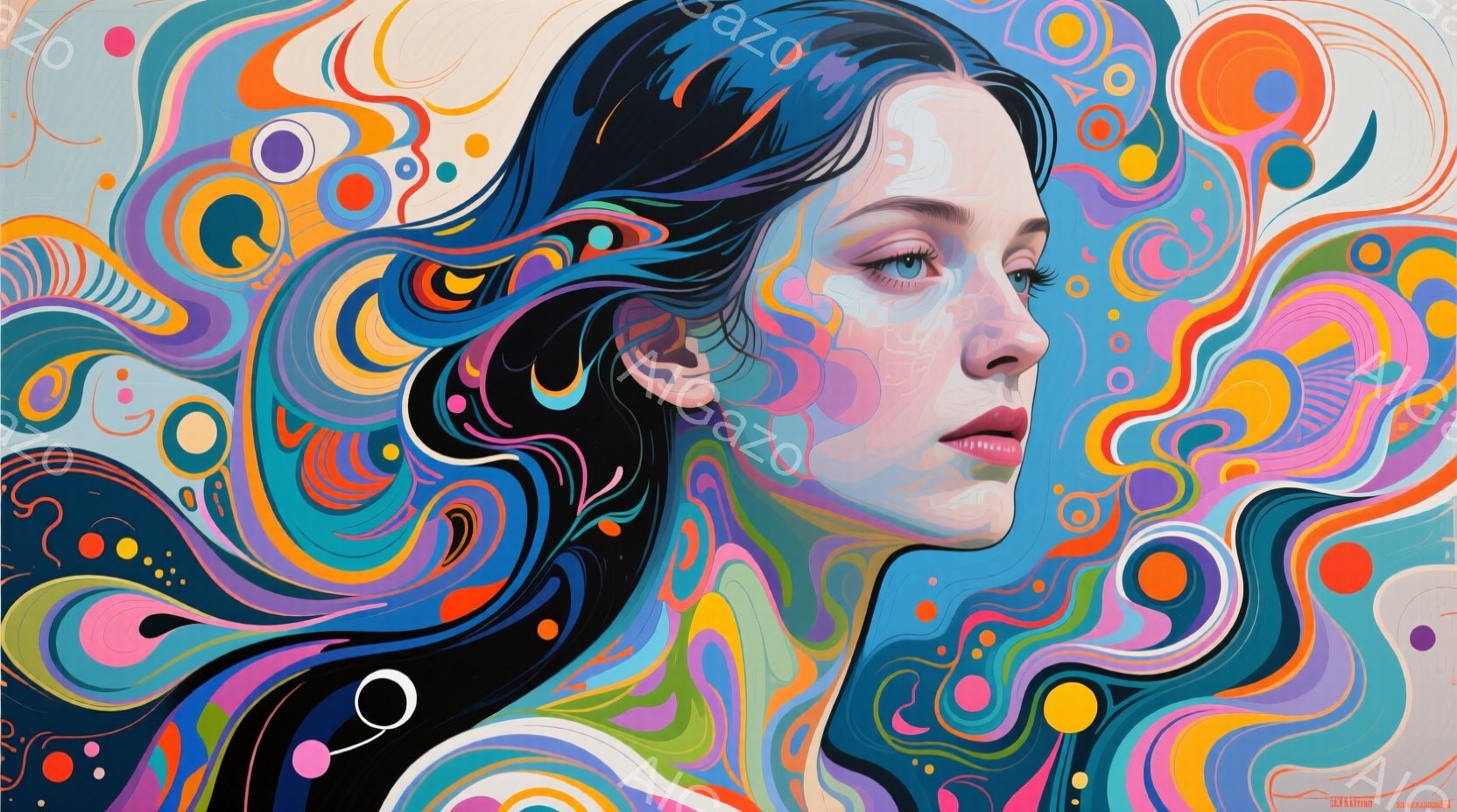 鮮やかな色彩の渦巻く背景の中に、若い女性が描かれています。彼女は肩までの長さのダークブラウンの髪を持ち、穏やかな表情で正面を見つめています。背景は抽象的な模様で構成され、まるで万華鏡のような鮮烈な色彩と曲線が、彼女の顔を引き立てています。