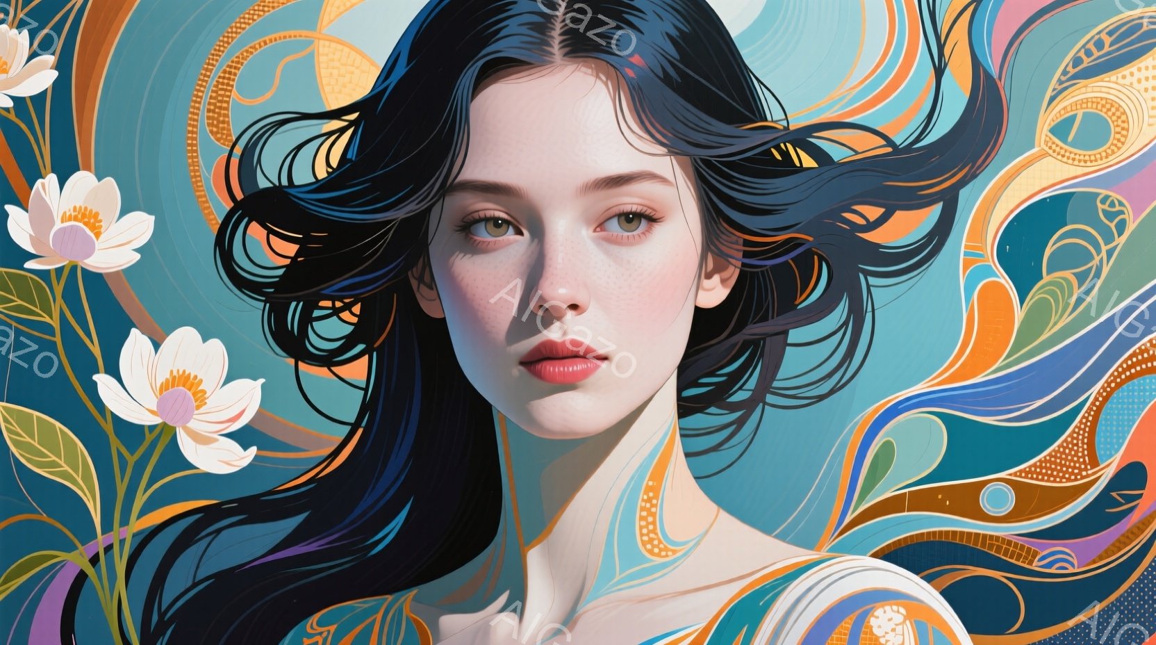 長い黒髪をなびかせた若い女性が描かれている。彼女は白い肌にそばかすがあり、わずかに唇を開けて穏やかな表情を見せている。背景は鮮やかなオレンジ、ターコイズブルー、そして金色の模様が入り組んだ抽象的なデザインで、白い花が添えられている。