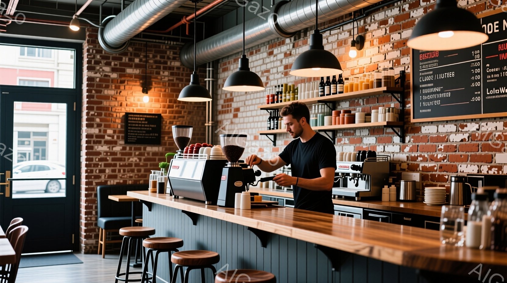 レンガ造りの壁と木のカウンターが印象的なカフェの内部で、バリスタがエスプレッソマシンでコーヒーを作っています。彼は黒いシャツを着ており、短髪で、真剣な表情で作業に集中しています。店内はモダンな雰囲気で、カウンターには様々な色のマグカップが並び、自然光が差し込んでいます。