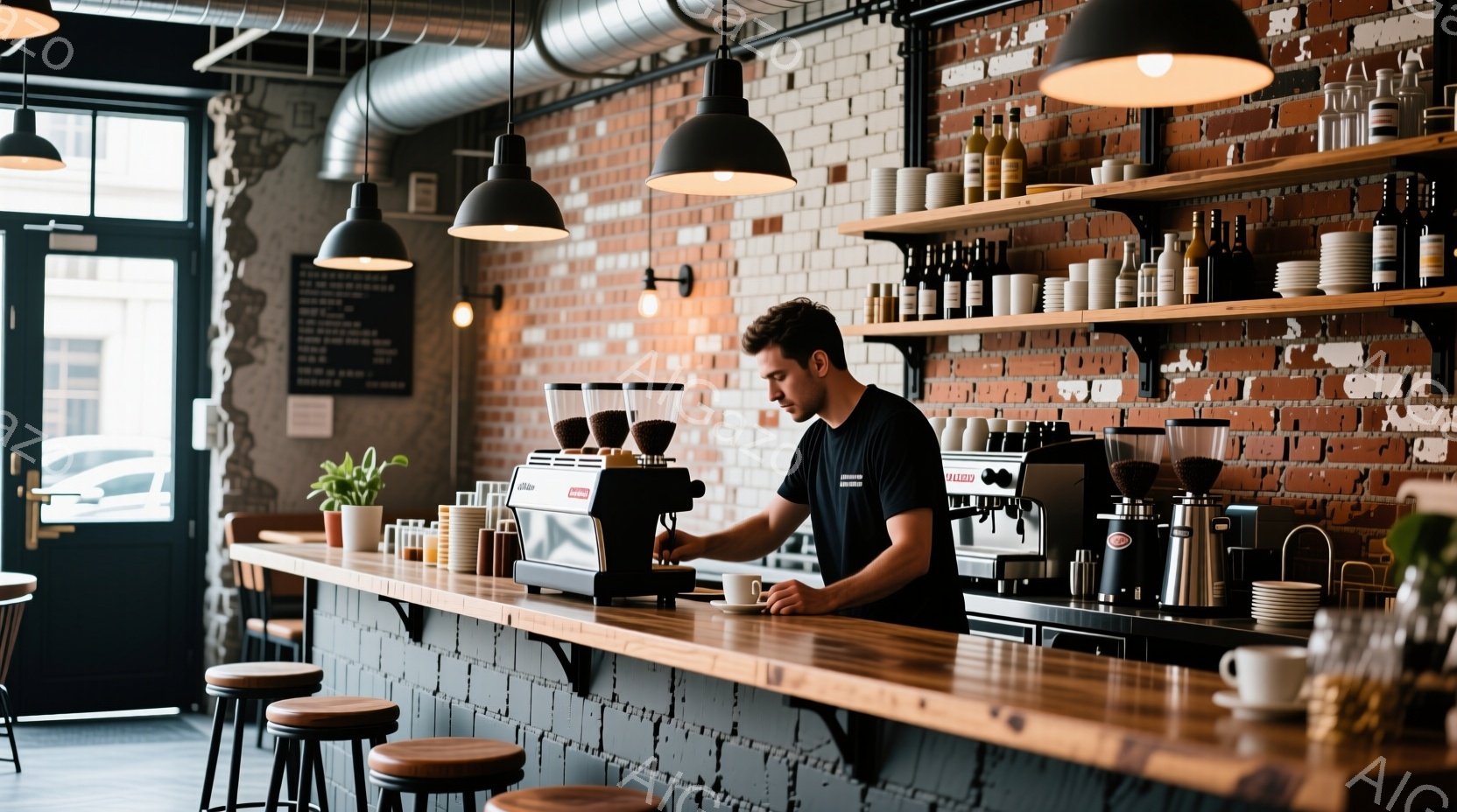 レンガ造りの壁を背景に、男性がエスプレッソマシンでコーヒーを淹れている様子が描かれています。彼は黒いTシャツを着ており、短髪で、集中した表情で作業に取り組んでいます。 店内は木製のカウンターと棚が並び - AI生成フリー素材