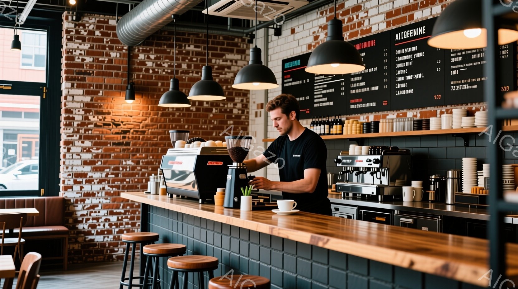 煉瓦造りの壁を背景に、バリスタがエスプレッソマシンでコーヒーを作っています。彼は黒いTシャツを着ており、短髪で、集中した表情をしています。カウンターにはコーヒーカップが並び、モダンで落ち着いた雰囲気のカフェ内部です。