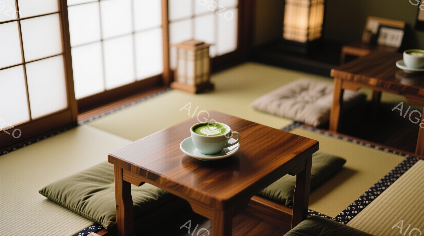 畳敷きの部屋に、低い木製のテーブルが置かれ、その上に緑色のカップとソーサーが乗っています。部屋は明るく、障子窓から柔らかい光が差し込み、静かで穏やかな雰囲気が漂っています。奥には同じように低いテーブル - AI生成フリー素材