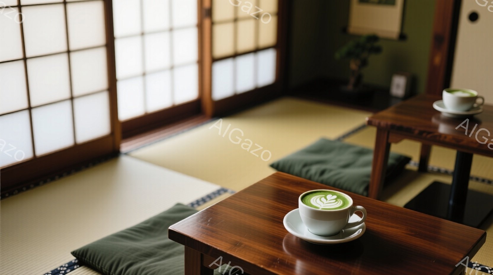 畳敷きの和室に、木製の低いテーブルが置かれ、その上に白いカップに入った緑色の抹茶ラテが置かれています。背景には障子窓と、緑色の座布団が見え、落ち着いた静かな空間を演出しています。抹茶ラテには可愛らしい葉っぱの模様が描かれており、手作りの温かさを感じさせます。
