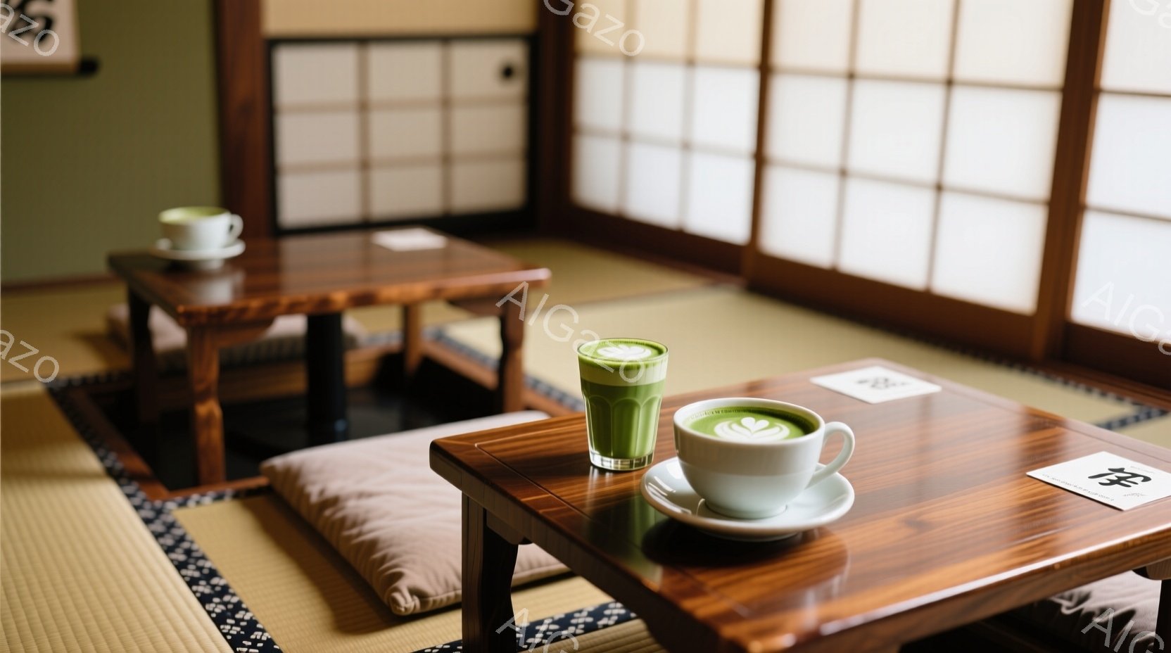 畳の上に低めの木製のテーブルが二つ置かれ、それぞれに抹茶入りのグラスとカップが乗っています。背景には障子戸があり、明るい自然光が差し込み、落ち着いた和の空間を作り出しています。全体的に静かで穏やかな雰 - AI生成フリー素材