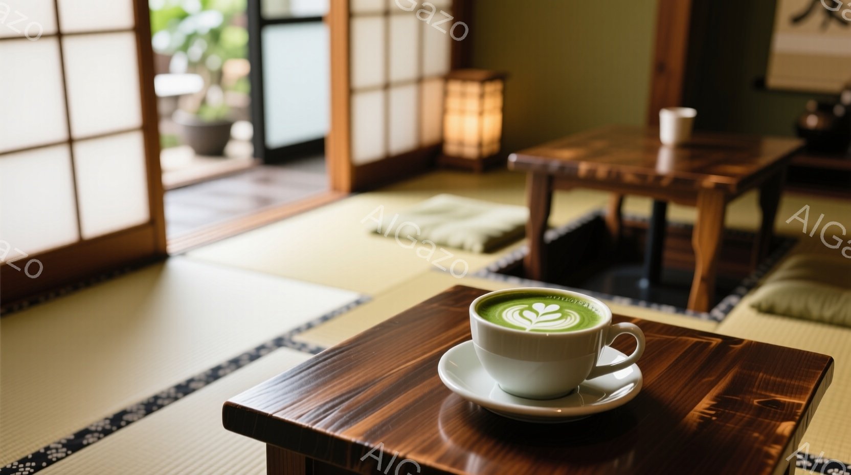 畳の上に置かれた木製の低いテーブルに、緑色のラテアートが施された白いカップとソーサーが置かれています。背景には障子戸と、ぼんやりと見える植物が飾られた空間があり、落ち着いた和の雰囲気が漂っています。全体的に柔らかい光が差し込み、静かで穏やかな時間が流れているようです。