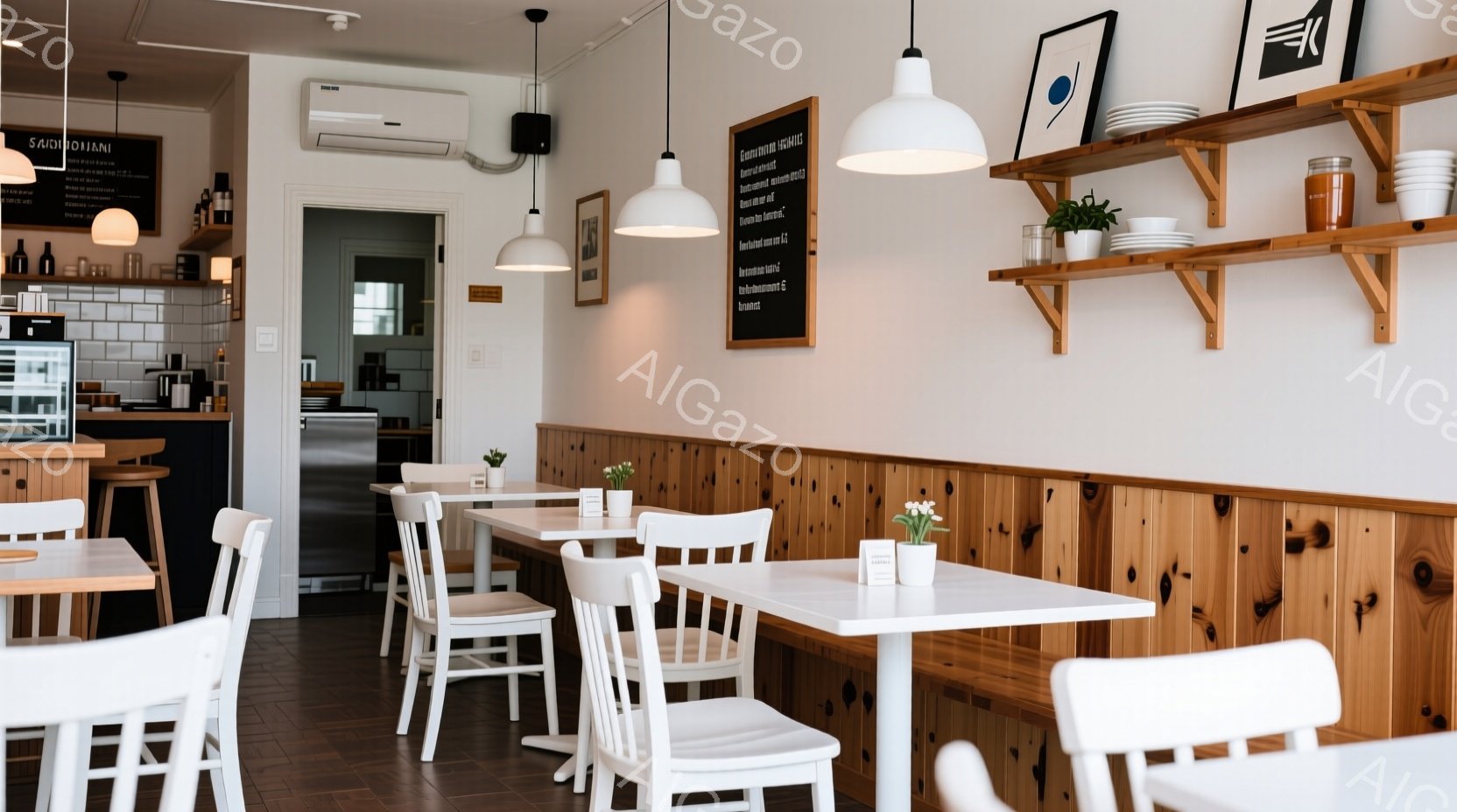 白を基調としたカフェの内部で、木目調の壁と白いテーブルと椅子が整然と並んでいます。テーブルの上には小さな花瓶が置かれ、壁にはシンプルな装飾が施されています。全体的に清潔感があり、落ち着いた雰囲気で、静 - AI生成フリー素材