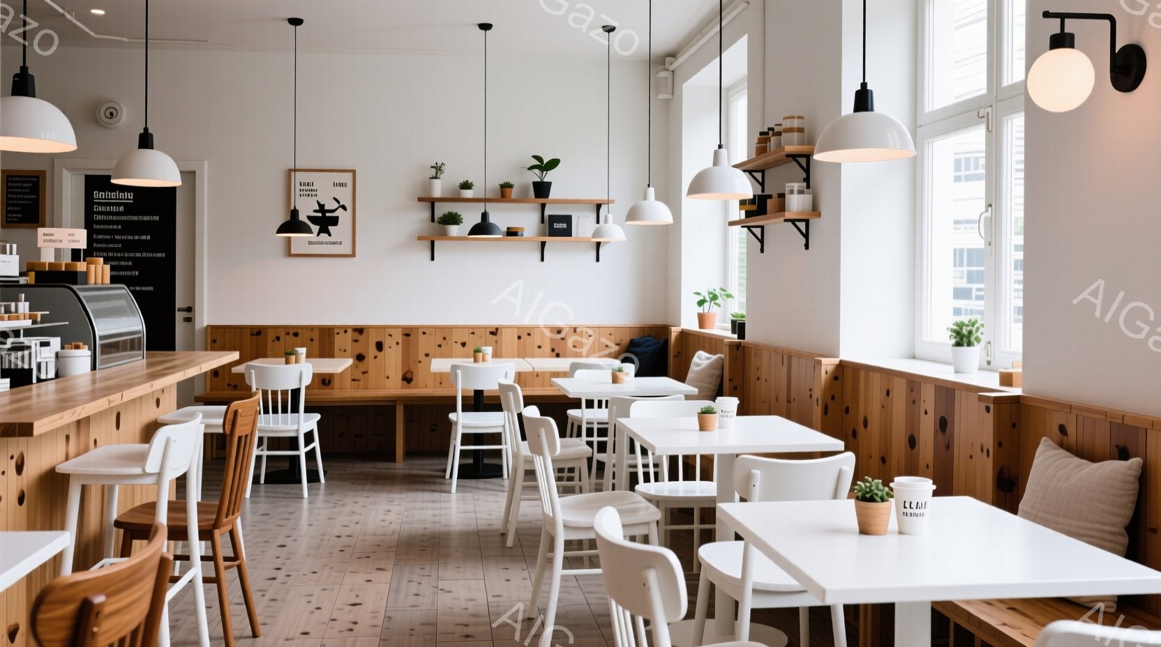 白を基調とした、明るく清潔感のあるカフェの内部です。木製のカウンター席と白い椅子が整然と並び、壁には植物が飾られています。全体的にシンプルでモダンな雰囲気で、落ち着いて過ごせる空間が演出されています。