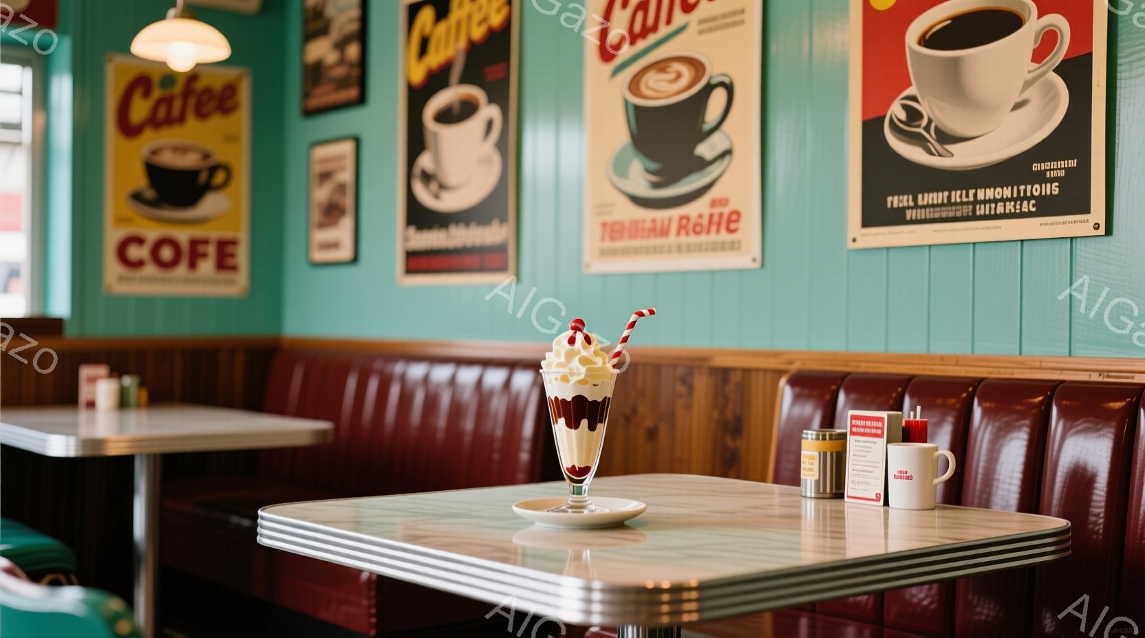 レトロなダイナーの内部で、赤いビニールのブース席と、白い縁取りのあるテーブルが写っています。テーブルの上には、ホイップクリームと赤いストライプのパイプが付いたデザートグラスが置かれており、どこか懐かしい雰囲気を醸し出しています。壁にはコーヒーのポスターが飾られ、全体的に温かく、落ち着いた空間が演出されています。
