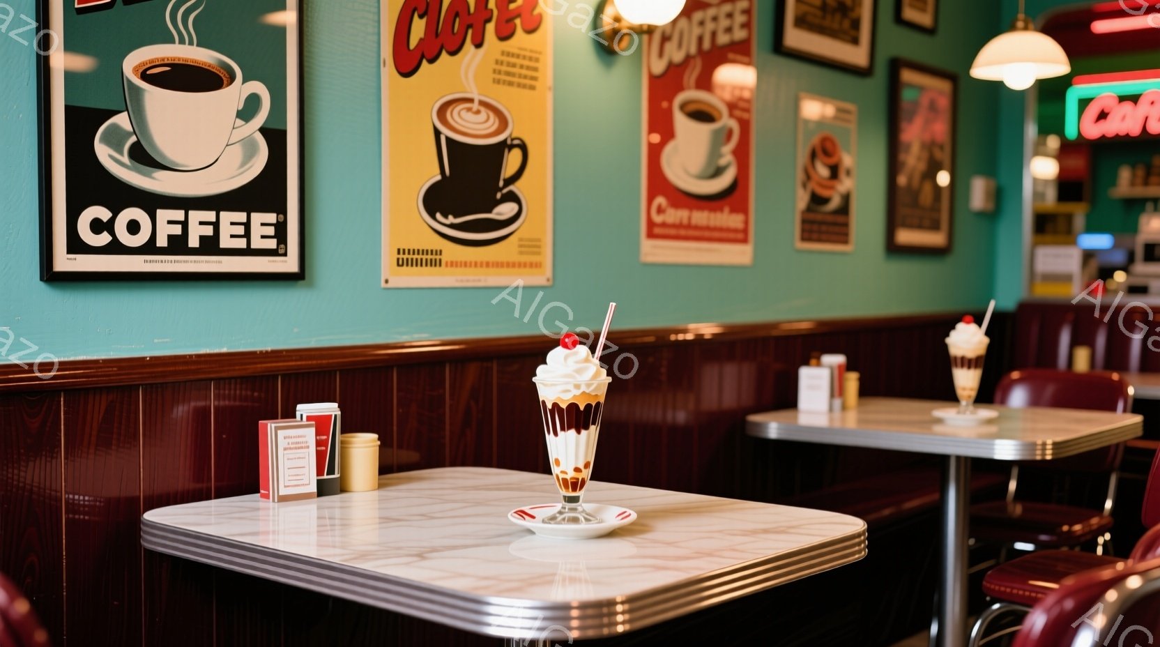 レトロなダイナーの内部を示しています。クリームをトッピングしたグラスに入ったデザートがテーブルに置かれており、背景にはコーヒーのポスターが飾られた緑色の壁が見えます。赤いビニールのブース席とクロム製のテーブル脚が、懐かしい雰囲気を醸し出しています。