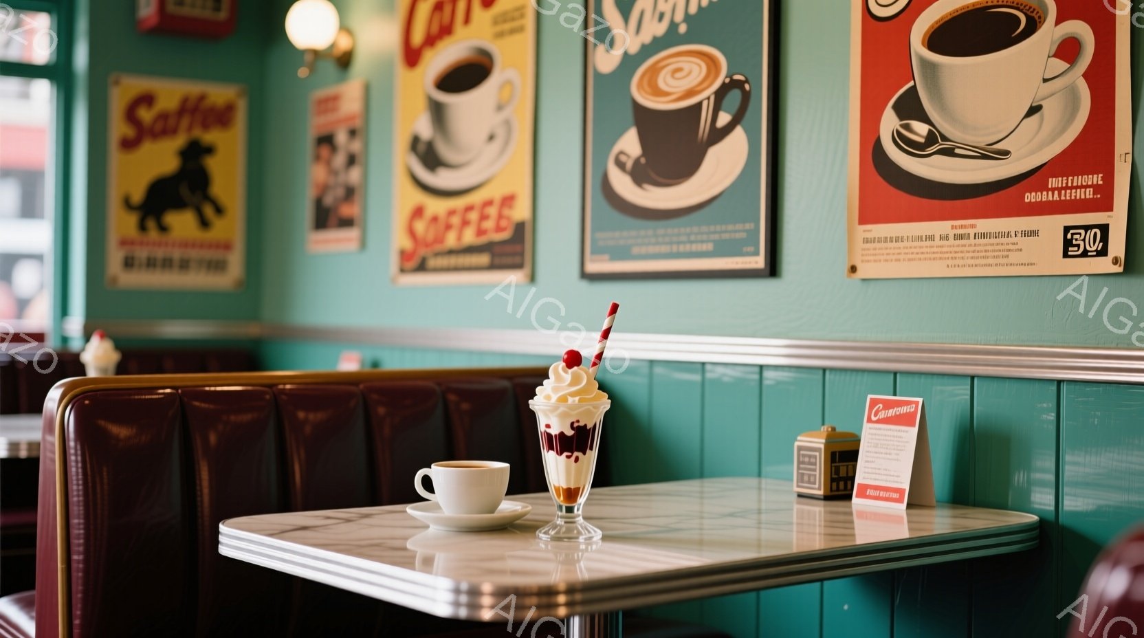 赤いビニールの座席と白いテーブルが特徴的なダイナーの内部です。テーブルの上には、ホイップクリームとチェリーをトッピングしたグラスに入った飲み物と、カップに入ったコーヒー、そして小さなミルクカートンが置かれています。壁には、コーヒーをテーマにしたレトロなポスターが飾られ、全体的にノスタルジックで落ち着いた雰囲気が漂っています。