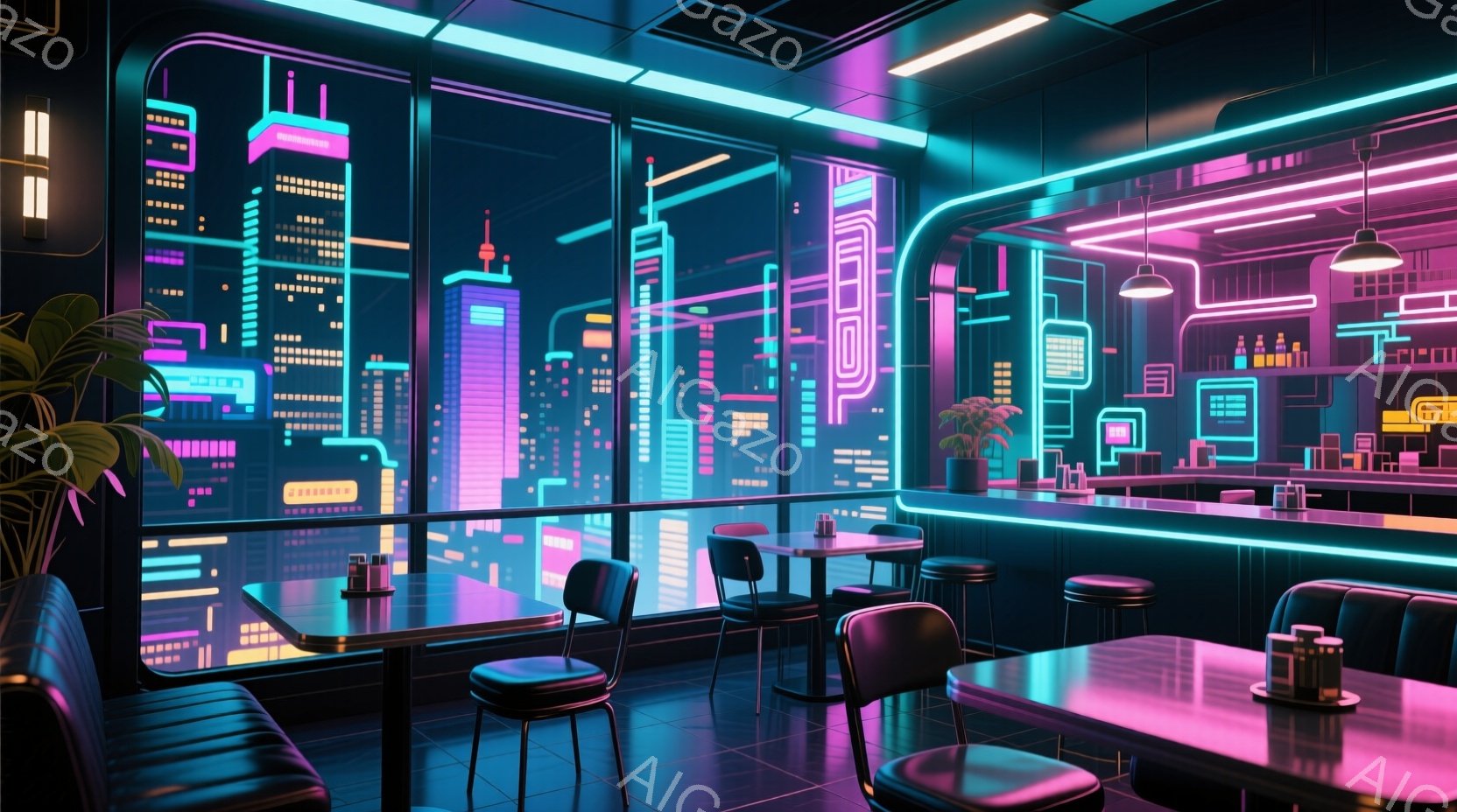 未来都市の夜景を望む、ネオンライトで彩られたモダンなカフェテリアです。紫と青の光が支配する空間には、円形のテーブルと赤い椅子が整然と並び、洗練されたバーカウンターが奥にあります。窓の外には高層ビル群が - AI生成フリー素材