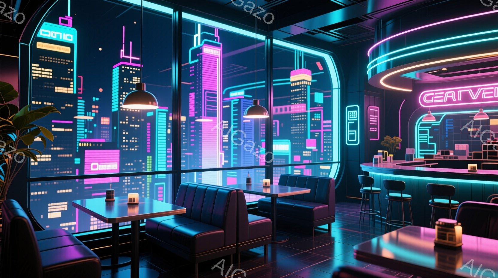 夜景のディスコバー、未来的なサインが見られる。シーリングの墨汁は異世界の風味を感じさせる。座席はダイニングテーブルに配置され、エレクトロポップスタイルの家具と明るい色がその美しさを出している。