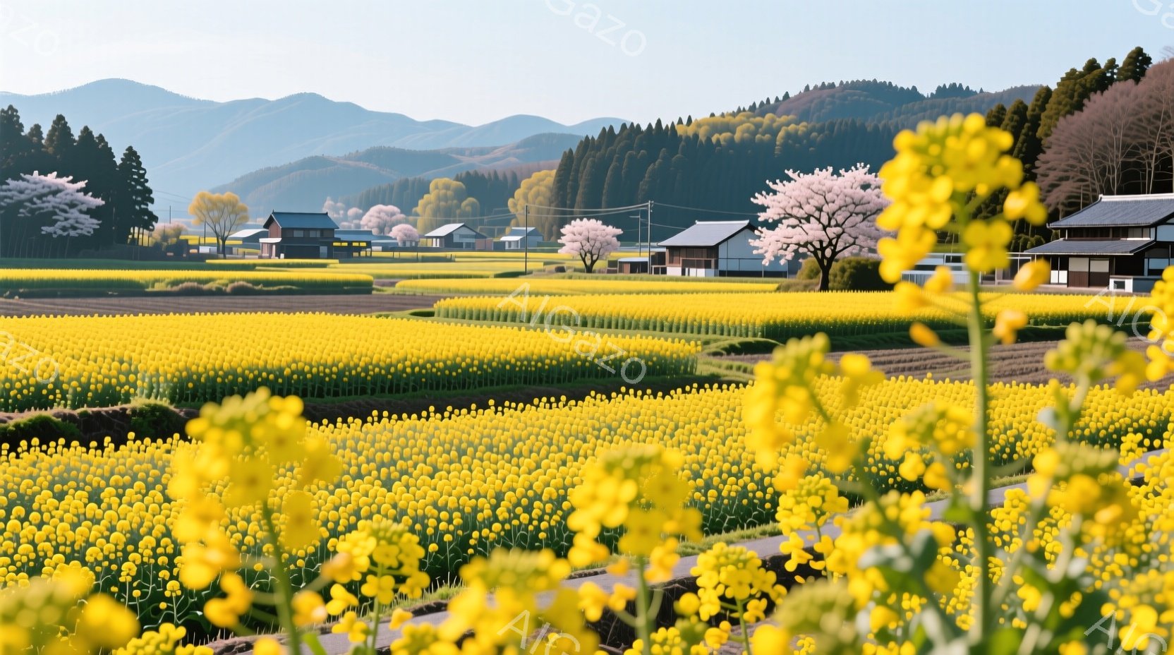 広大な菜の花畑が広がり、その奥には日本の伝統的な家屋が点在している。遠くには緑豊かな山々が連なり、春の穏やかな日差しが畑を照らしている。鮮やかな黄色とピンクのコントラストが、のどかで優しい雰囲気を醸し - AI生成フリー素材