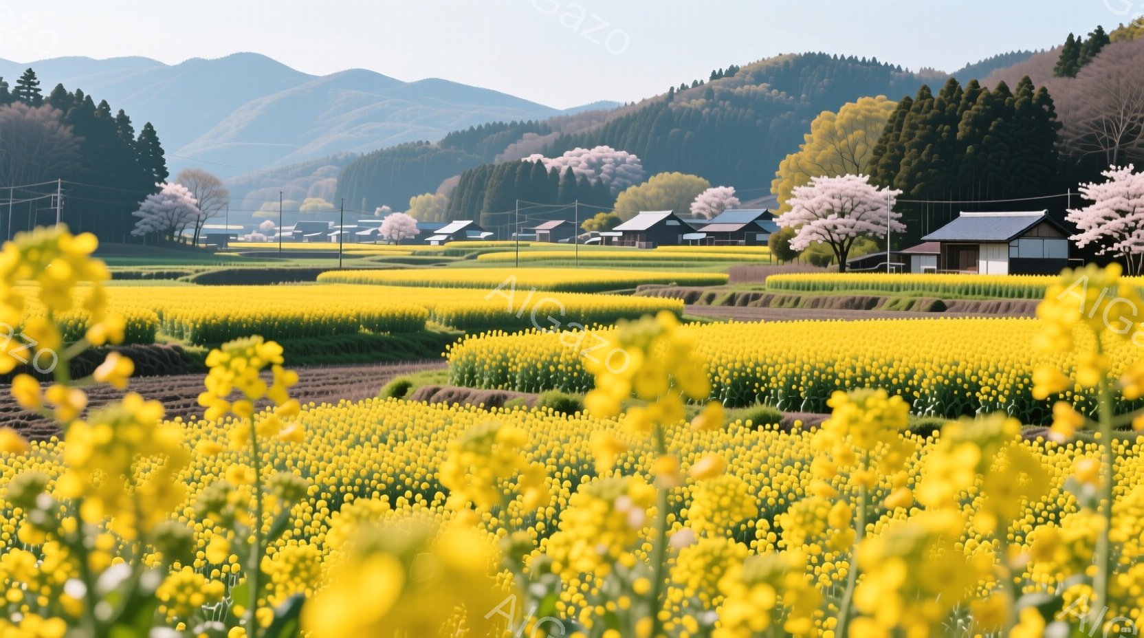 春日にある田んぼの景色を示しています。階並みに建つ小さな村が、山と平地に挟まれた中央部分に位置しています。人物は写りません。背景では、白い天空に対して山が並び、その下に黄色の花が盛んに開いていることが見えます。様々な樹木が散らばっていて、背景は印象的で美しい季節を表しています。