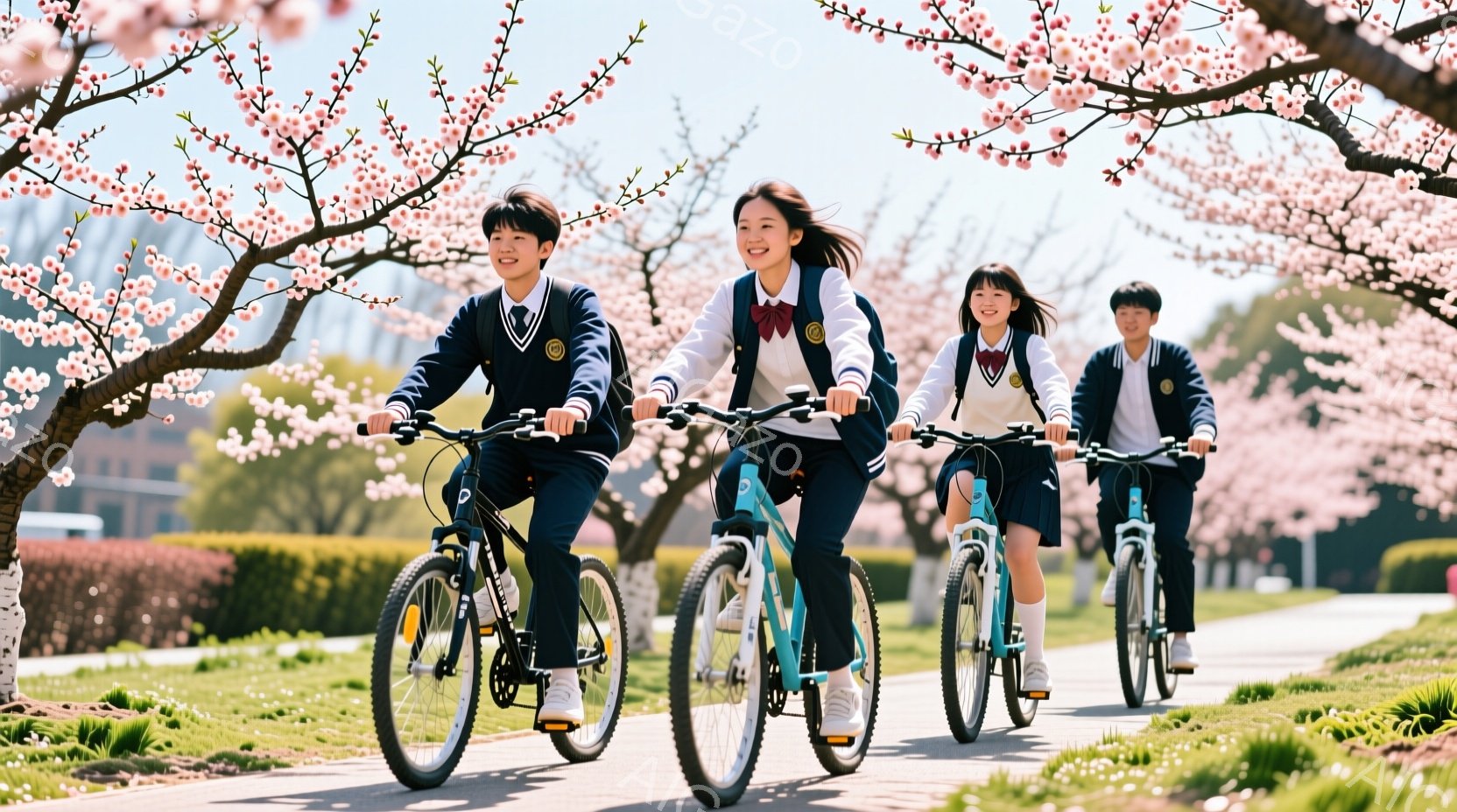 制服を着た四人の学生が、桜並木の中を自転車で並んで走っている。彼らは皆、白いシャツに濃い青色のブレザー、そしてチェック柄のスカートまたはズボンを着用しており、明るい笑顔を浮かべている。背景には緑の芝生 - AI生成フリー素材