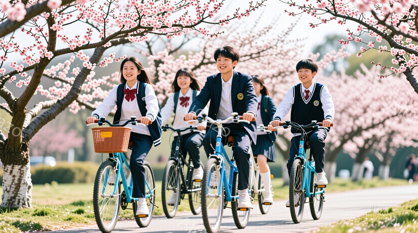 制服を着た中学生または高校生が、桜並木の中を自転車で走っている様子が写っている。彼らは皆笑顔で、明るく元気な表情をしている。背景には、満開の桜並木が広がり、春の暖かな日差しが降り注いでいる。 - AI生成フリー素材
