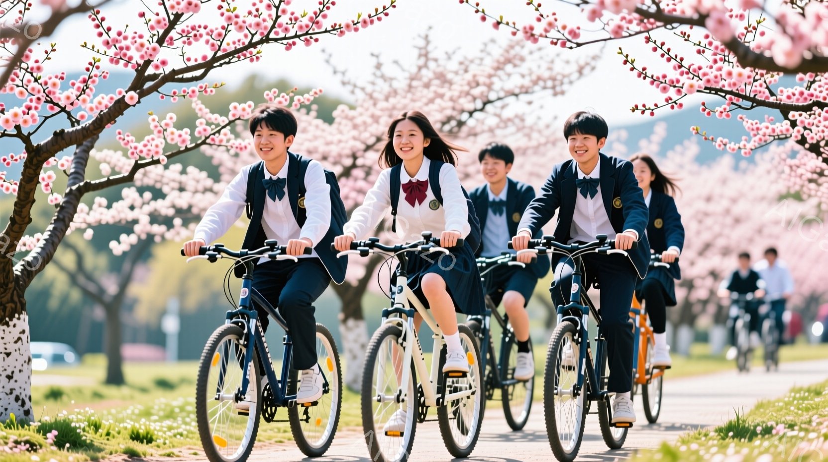 制服を着た学生たちが自転車に乗って並んで走っています。彼らは皆笑顔で、明るい表情をしています。背景には桜並木が咲き誇り、春の暖かな日差しが降り注いでおり、爽やかで希望に満ちた雰囲気です。