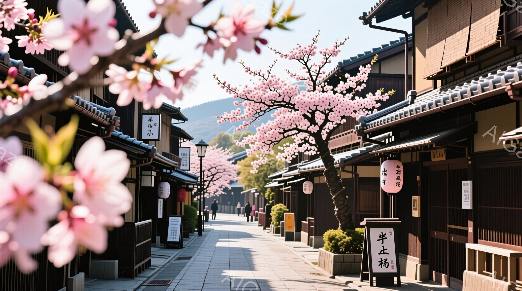 舗装された石畳の道沿いに古い町並みが続き、両側には木造の建物が軒を連ねています。桜の木が満開で、ピンク色の花びらが道を彩り、穏やかな春の陽光が降り注いでいます。数人の歩行者が道の上を歩いており、彼らは - AI生成フリー素材