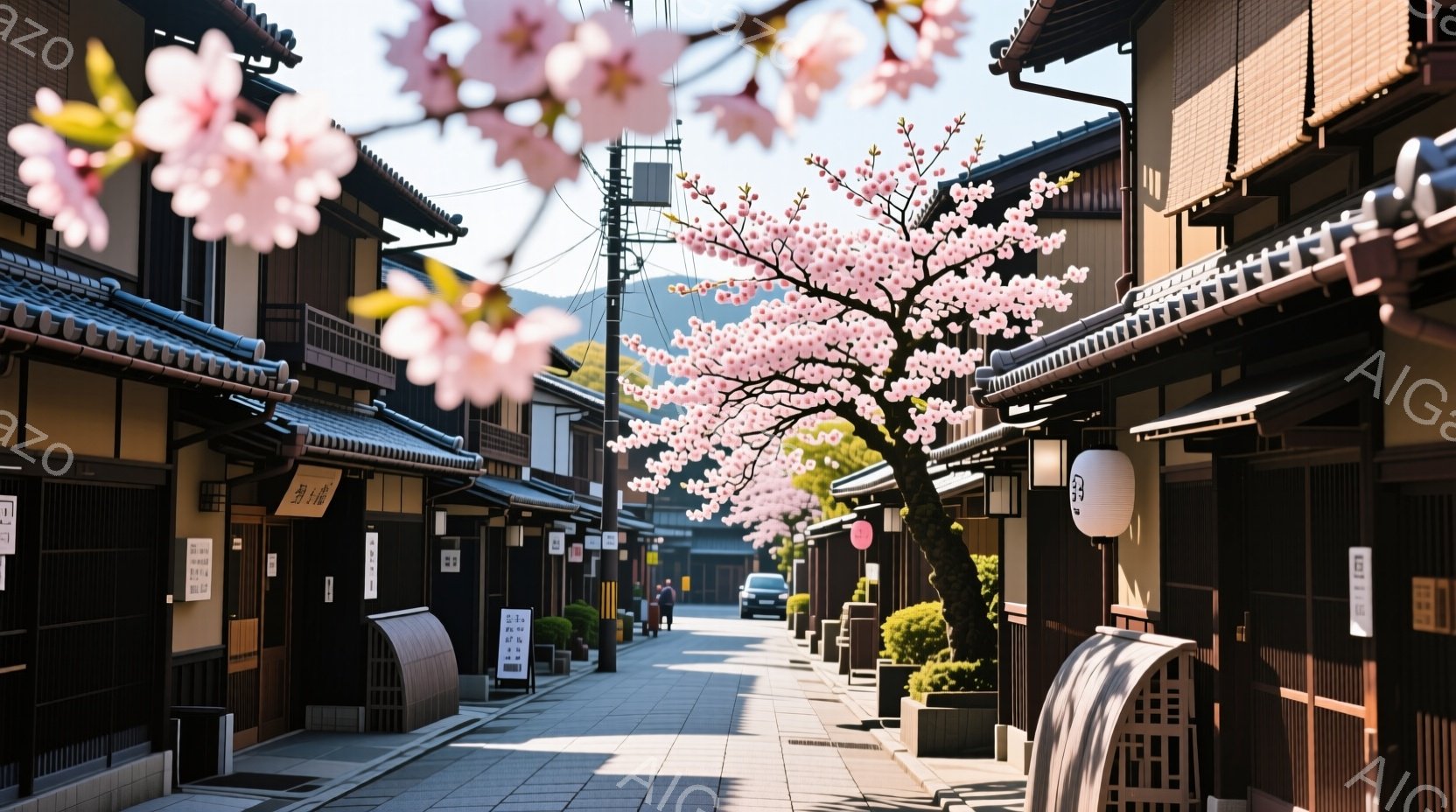 狭い石畳の道沿いに古い木造家屋が並び、屋根には瓦が葺かれている。桜の木が満開で、ピンク色の花びらが道を覆い、暖かい春の陽光が降り注いでいる。数人の歩行者が道を進み、リラックスした雰囲気の中で散歩を楽しんでいるように見える。
