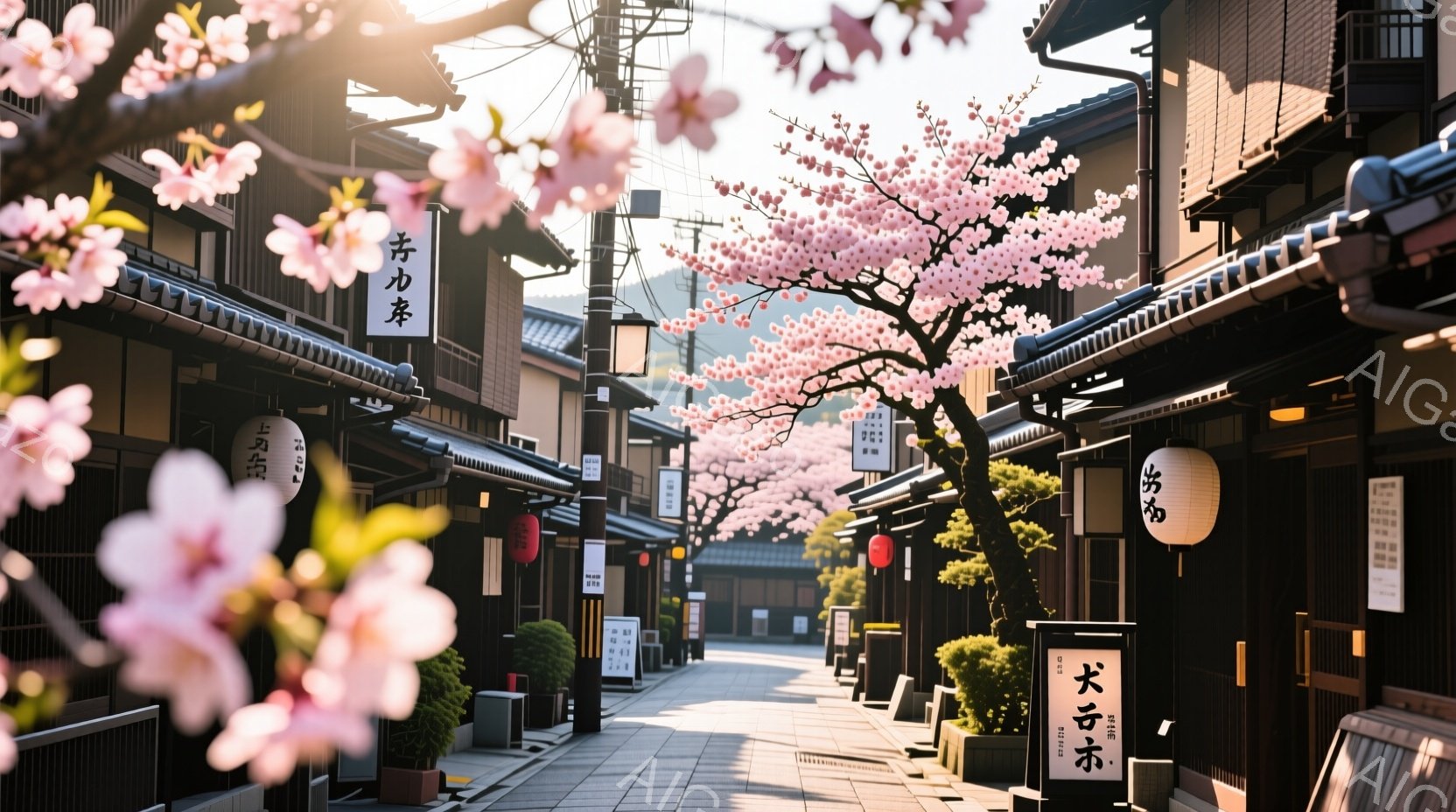 石畳の道に沿って古い町並みが続き、両脇には木造の建物が軒を連ねています。桜の木が満開で、ピンク色の花びらが空中に舞い、暖かく穏やかな春の雰囲気を醸し出しています。提灯が飾られた建物や緑豊かな植物が、この町並みに古風で趣のある雰囲気を加えています。