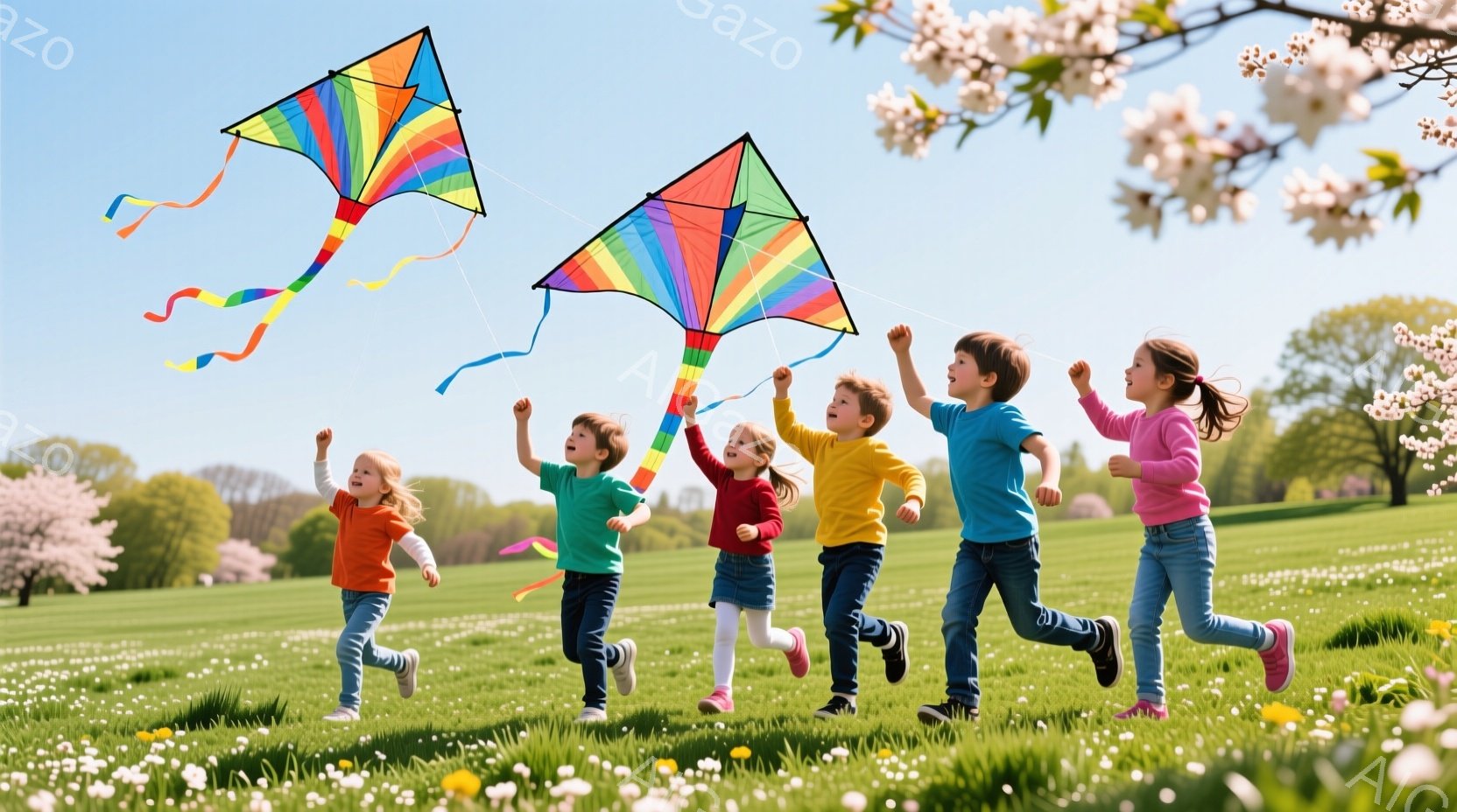 鮮やかな緑の草原で、カラフルな凧を揚げながら走る5人の子供たちが写っています。子供たちはそれぞれオレンジ、緑、黄色、青、ピンクのカラフルな服を着ており、皆笑顔で楽しんでいます。背景には、白く美しい桜の - AI生成フリー素材