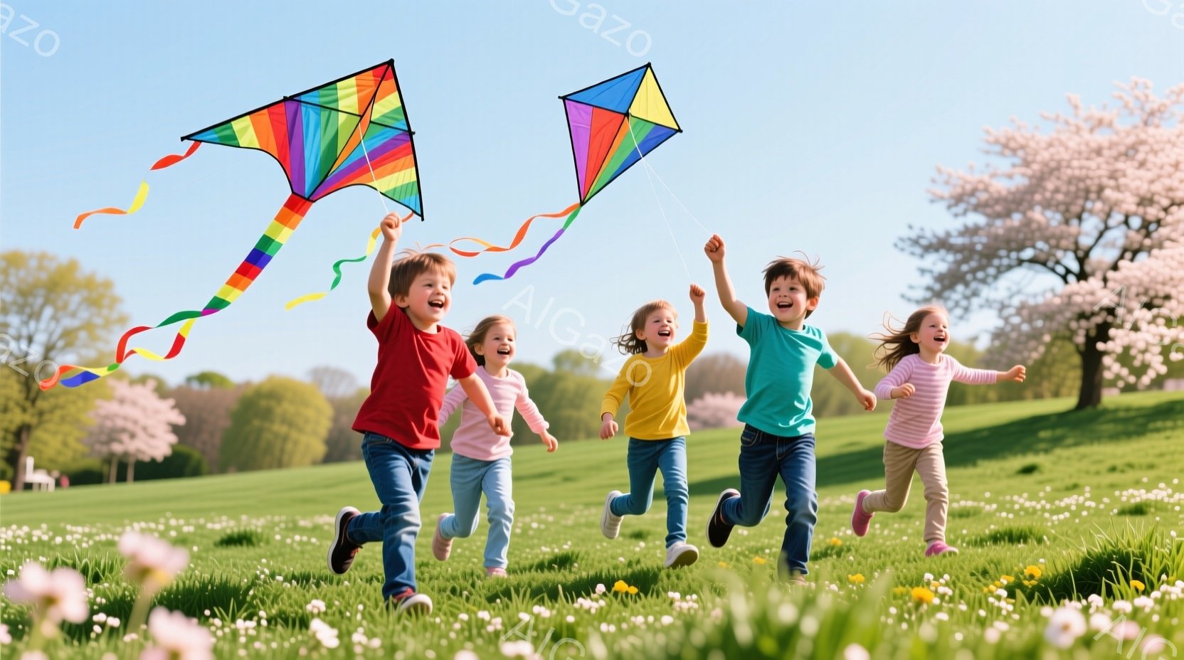 鮮やかな緑の草原で、カラフルな凧揚げを楽しむ子供たちが写っている。赤、黄色、ターコイズ、ピンクの服を着た子供たちは、笑顔で走り、凧を高く掲げている。背景には、桜の木や緑豊かな丘が広がり、晴天の穏やかな春の日を思わせる。