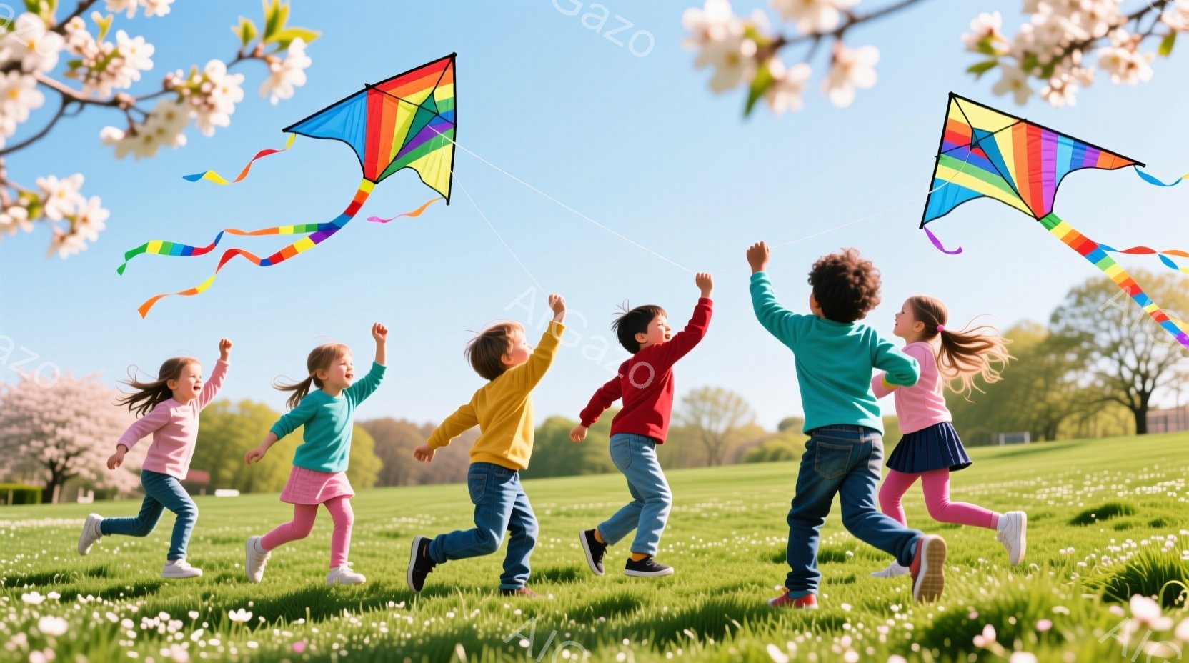 緑の芝生の上を、カラフルな服を着た子供たちが凧を揚げながら走っている。子供たちはそれぞれピンク、緑、黄色、赤、紫色の服を着ており、髪は風になびいている。背景には、白い花が咲き乱れる木々と、晴れた青空が - AI生成フリー素材