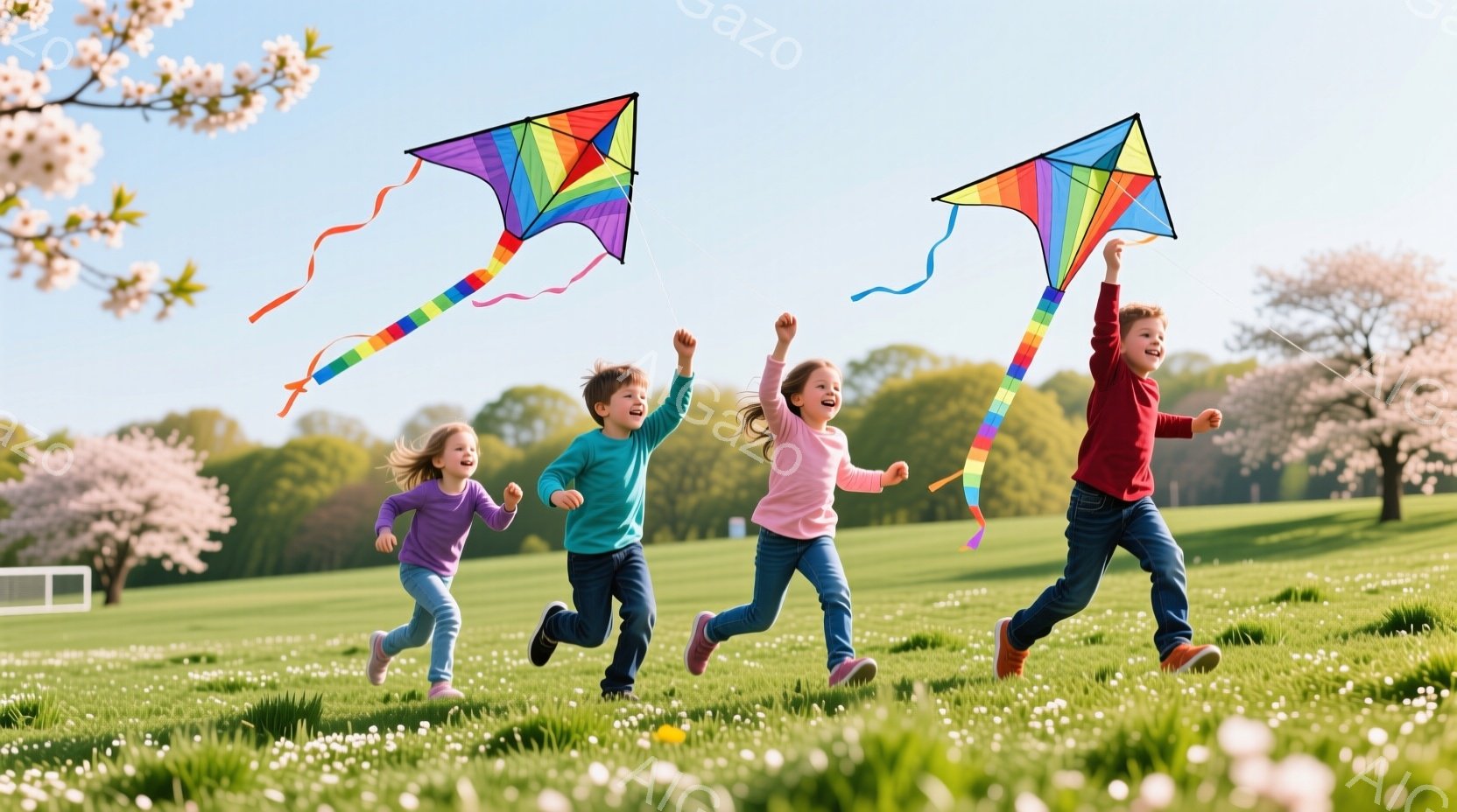 広々とした緑の芝生の上を、４人の子供たちが風に乗せて凧を揚げながら走っている。子供たちはそれぞれ紫、緑、ピンク、赤色の服を着ており、笑顔で楽しんでいる様子が伺える。背景には白やピンクの花が咲き乱れ、桜の木々が見え、晴れた空の下、春の穏やかな一日が感じられる。