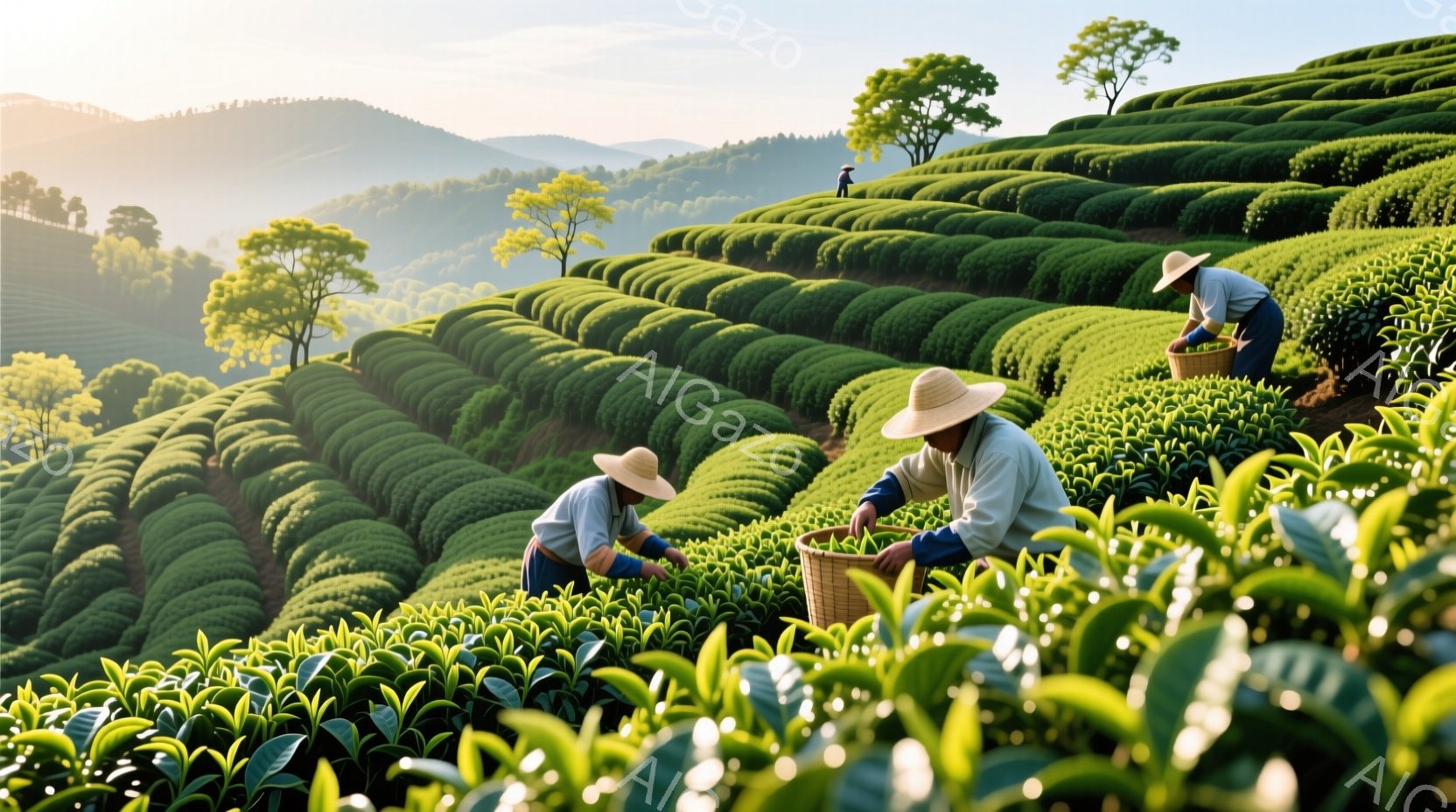 緑豊かな茶畑が広がり、数人の作業員が麦わら帽子をかぶり、白いシャツと茶色のズボン姿で茶葉を摘んでいる。彼らはかがみ込み、丁寧に茶葉をカゴに収めており、集中した表情をしている。背景には、なだらかな丘陵地帯と木々が見え、朝日の光が差し込み、穏やかで平和な雰囲気を醸し出している。