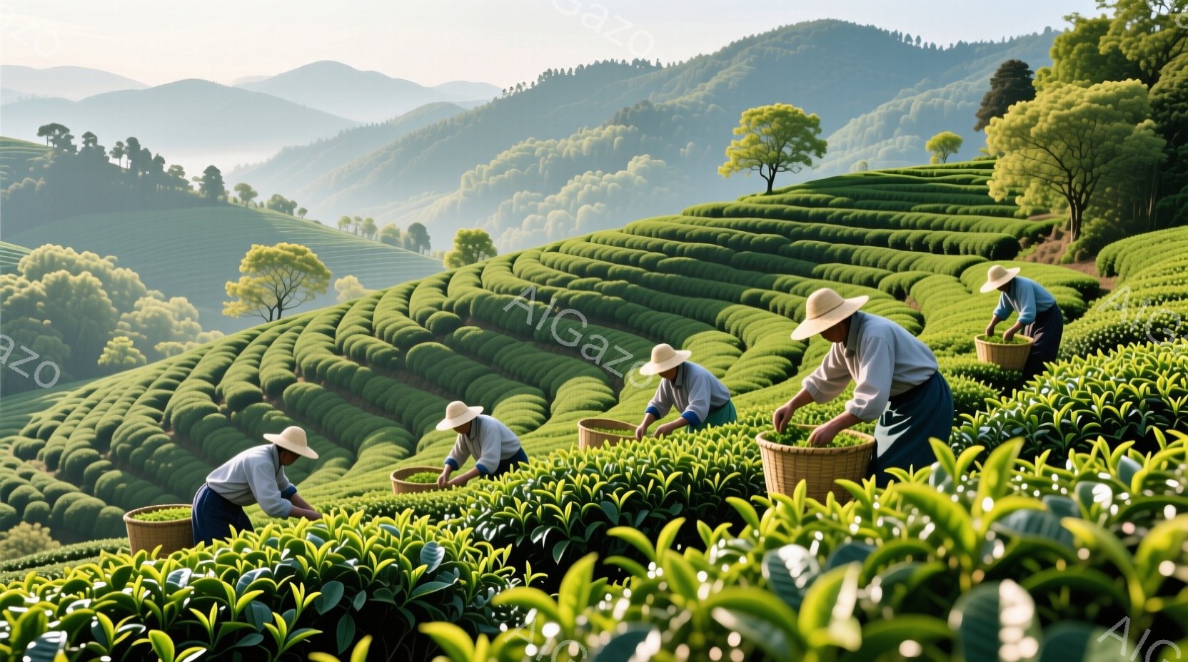 鮮やかな緑色の茶畑が、丘陵に沿って整然と広がっている。数人の女性たちが麦わら帽子と作業着姿で、茶葉を丁寧に摘み取り、かごに入れており、顔はほとんど見えないが、真剣な表情がうかがえる。背景には緑豊かな山々が連なり、穏やかな天候で、自然と調和した平和な雰囲気が漂っている。