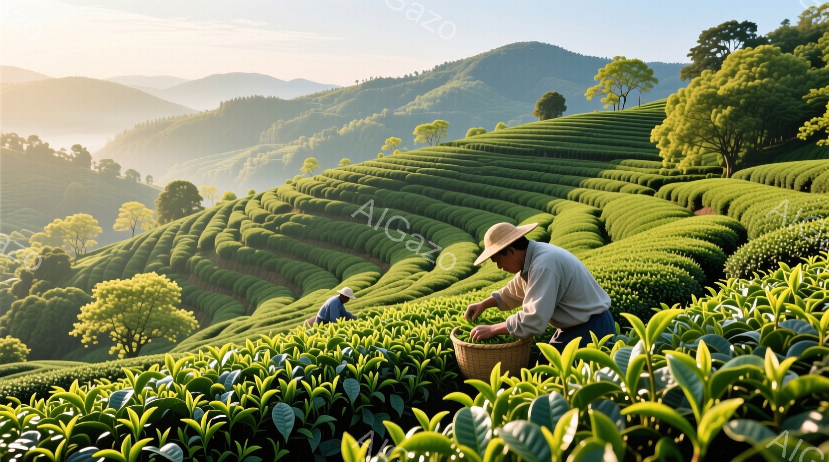 緑豊かな茶畑が丘一面に広がり、作業員が丁寧に茶葉を摘んでいる様子が描かれている。作業員は麦わら帽子と白いシャツを着ており、かがんだ姿勢で集中して作業に取り組んでいる。背景には、霧のかかった山々が連なり、穏やかで平和な雰囲気を醸し出している。