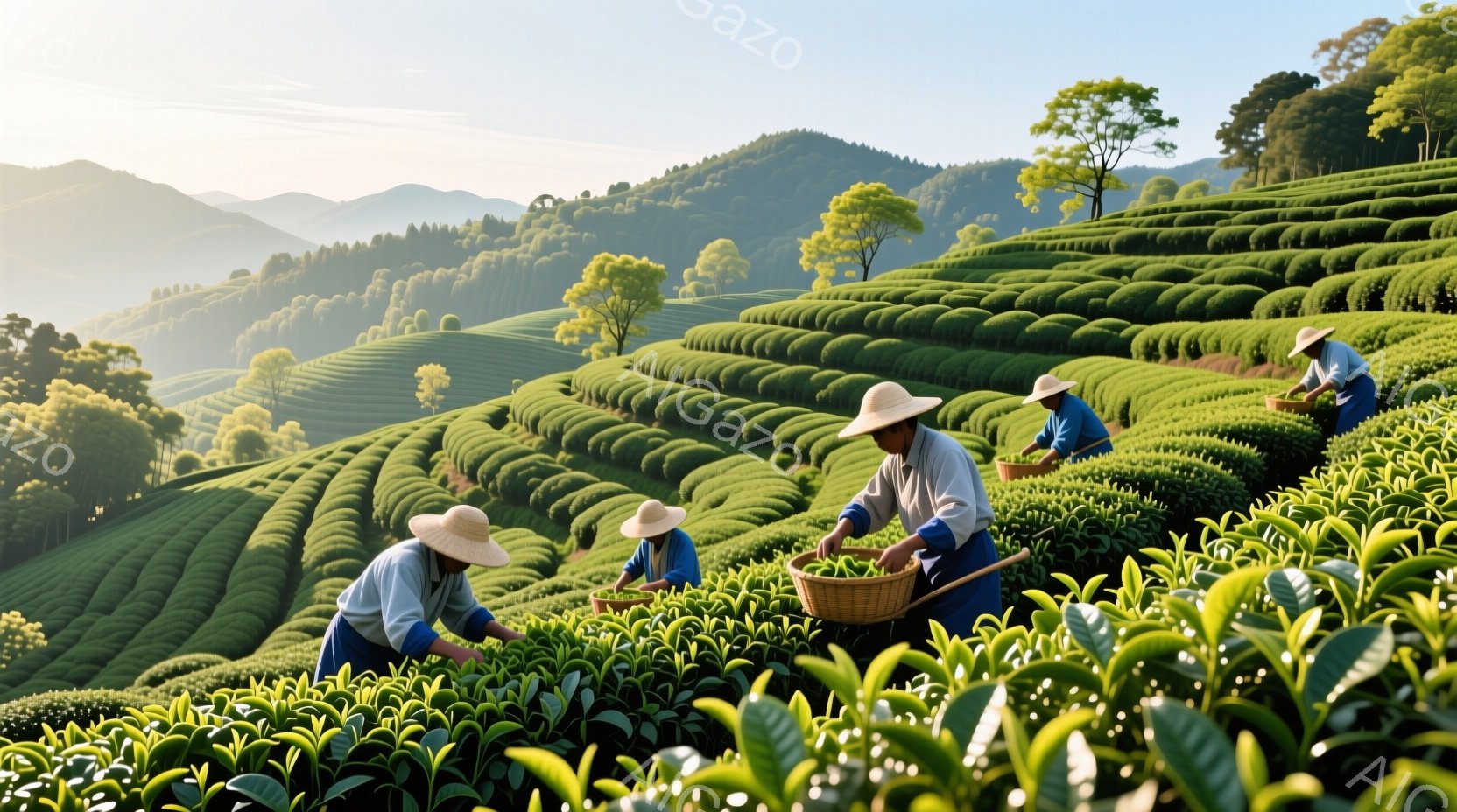 鮮やかな緑色の茶畑が、なだらかな丘陵に幾重にも広がっている。茶畑の中には、麦わら帽子を被り、白いシャツと紺色のズボンを着用した人々が茶摘みをしながら作業している。背景には、緑豊かな山々が霞んで見え、穏やかで平和な雰囲気を醸し出している。