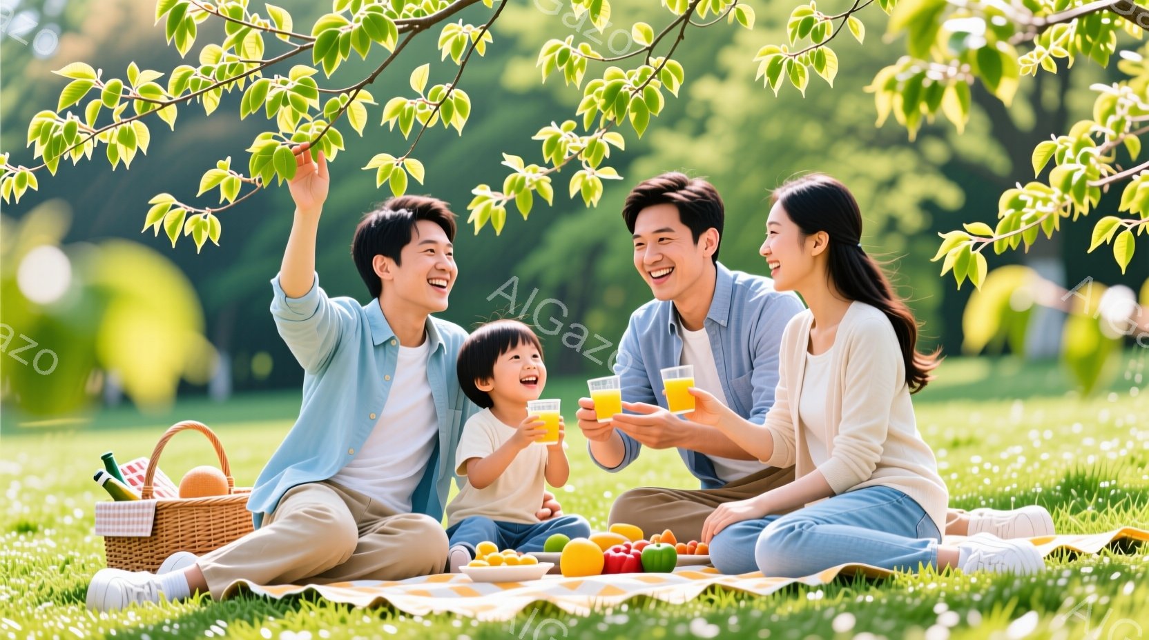 緑豊かな公園で、若い夫婦と幼い子供がピクニックを楽しんでいる様子が写っています。 夫婦はカジュアルな服装で、夫は青いシャツ、妻は白いシャツ、子供は黄色の服を着ており、皆笑顔でオレンジジュースを手にして - AI生成フリー素材