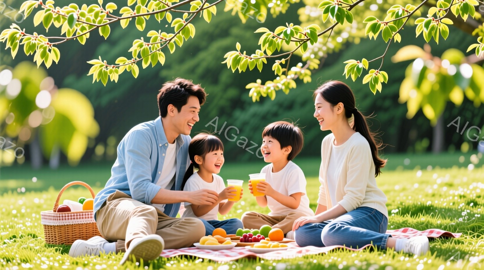 家族はピクニックを楽しんでいます。父親は青いシャツを着て、母親は白いシャツと青いズボンを着て、それぞれ子供たちにオレンジジュースを渡しています。背景には緑豊かな草地と木々が広がり、暖かい日差しが降り注 - AI生成フリー素材