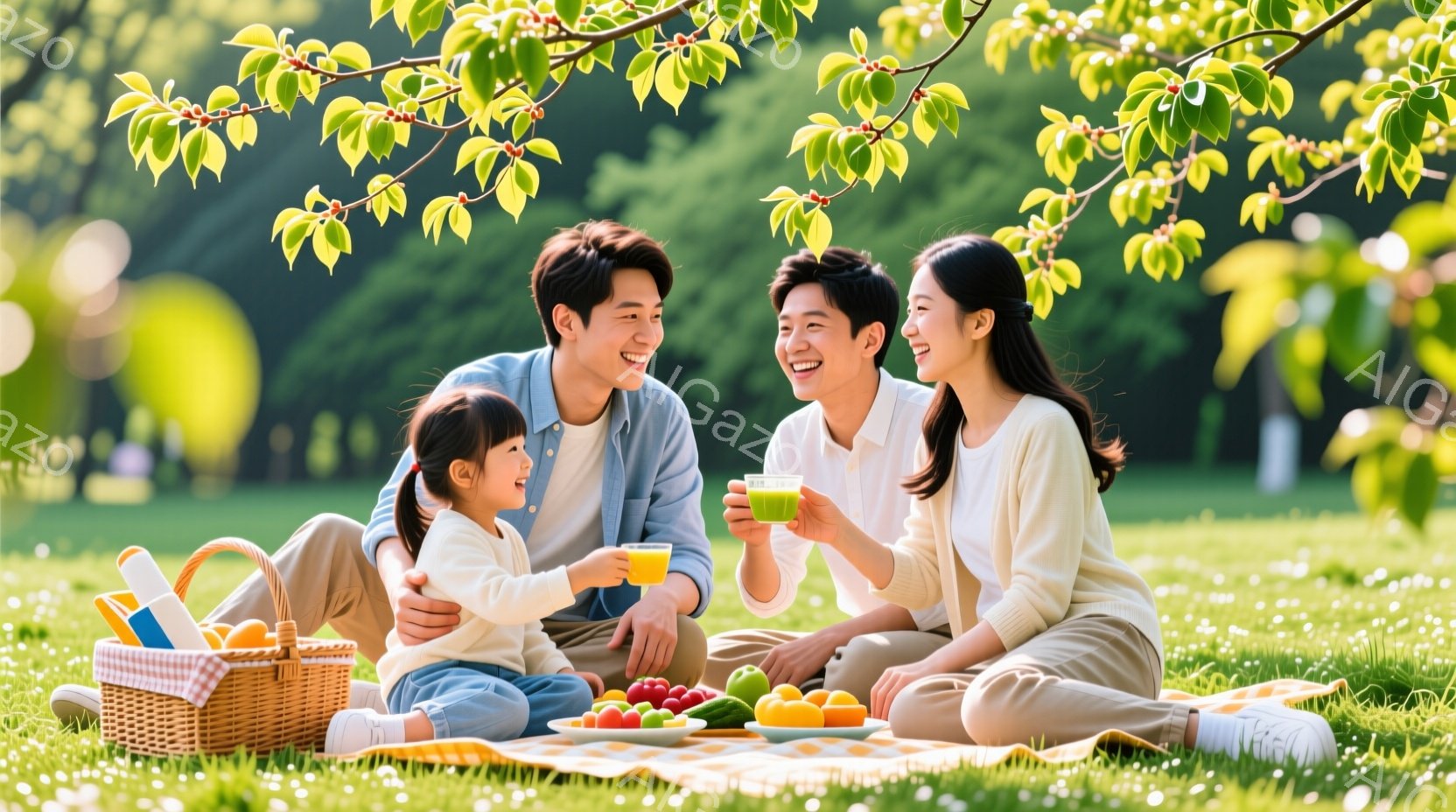 緑豊かな芝生の上で、若い夫婦と幼い娘がピクニックを楽しんでいる様子が写っている。父親は明るいブルーのシャツ、母親は白いシャツを着ており、娘は白いセーターを着ている。三人は皆笑顔で、ジュースを手に持ち、幸せな時間を過ごしている様子が伝わる。