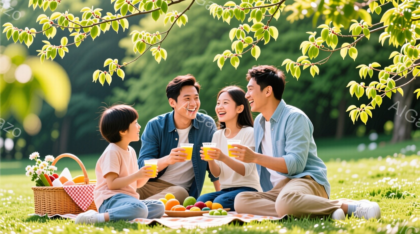 家族がピクニックを楽しんでいる様子が写っています。母親はロングヘアで白いシャツ、父親はショートヘアで青いシャツ、そして子供は短い髪で赤いシャツを着ています。皆笑顔でオレンジジュースを手に、芝生の上に座 - AI生成フリー素材