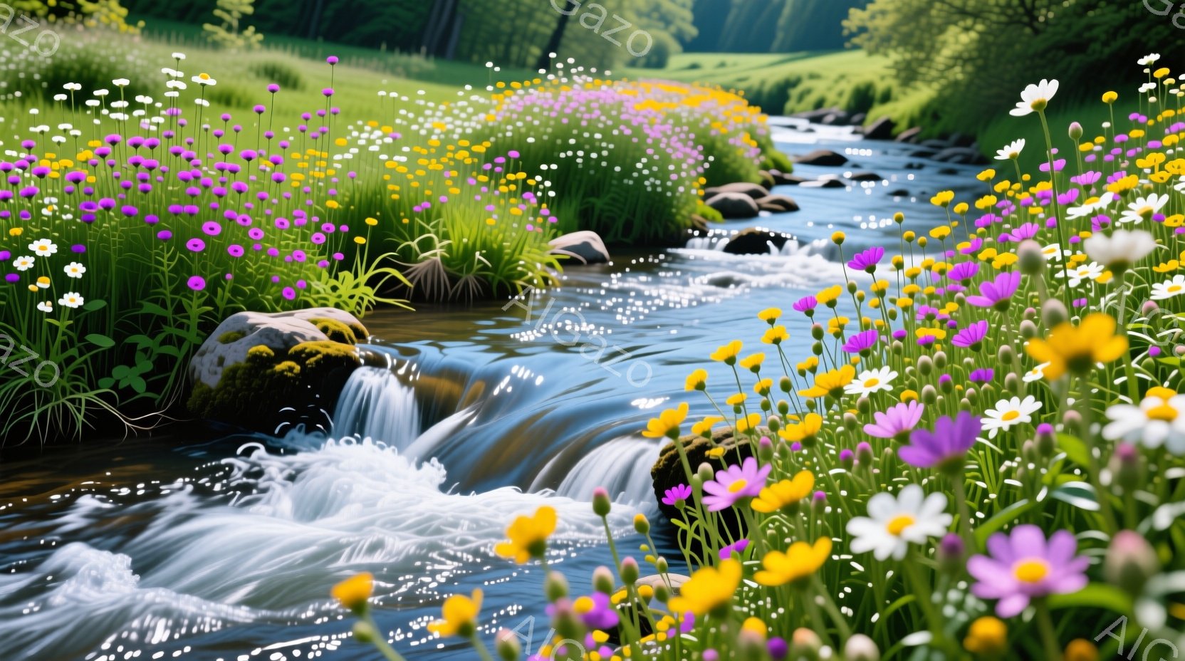 鮮やかな野花が咲き乱れる小川が描かれています。水は岩の間を流れ落ち、泡を立てながらきらきらと輝いています。背景には緑豊かな木々と草が生い茂り、晴れた日の穏やかな自然の雰囲気が漂っています。