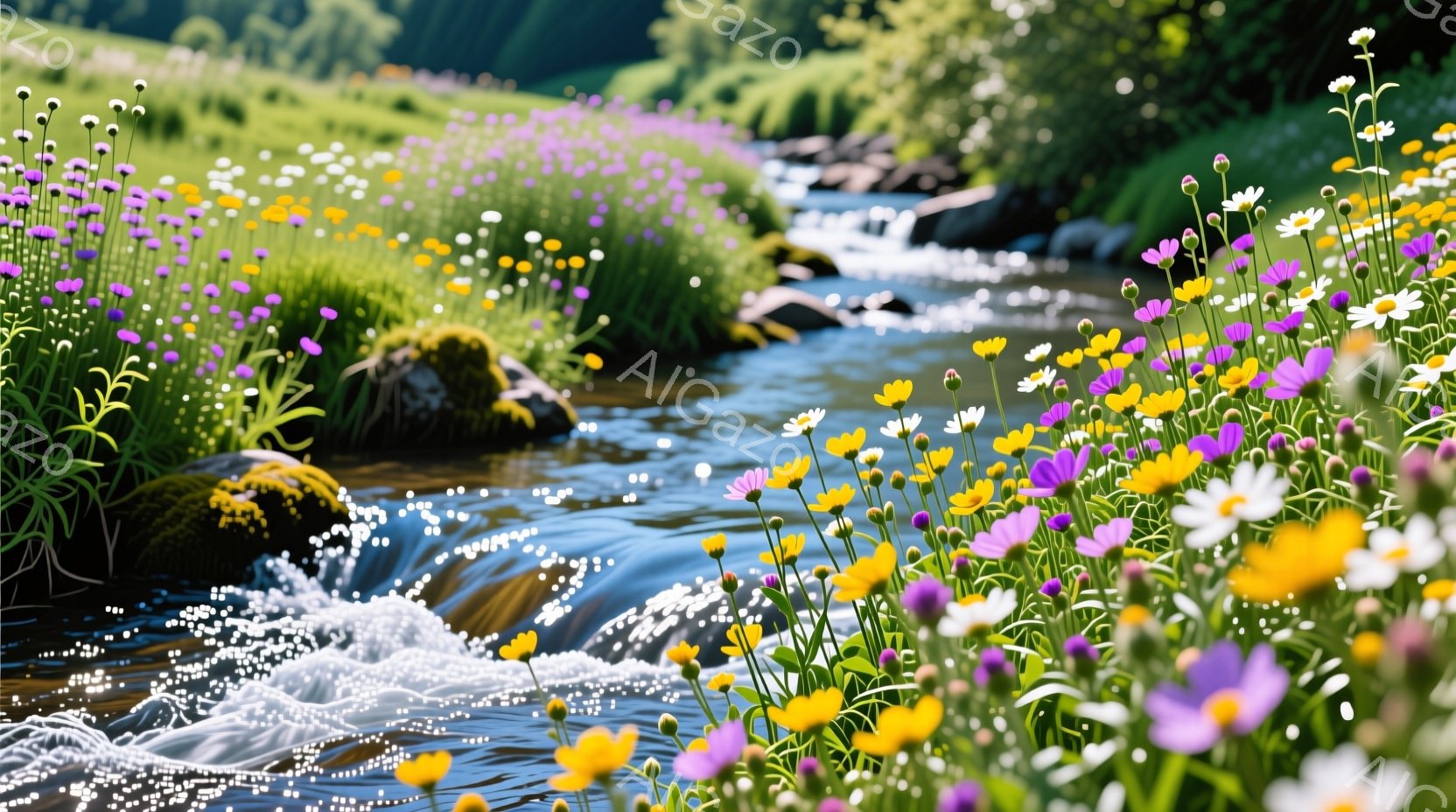 清流が岩の間を流れ、両岸には黄色と紫の野花が咲き乱れている風景です。水は太陽の光を反射してキラキラと輝き、緑豊かな背景と相まって、穏やかで心地よい雰囲気を醸し出しています。全体的に自然の美しさを際立たせた、静かで平和な光景です。