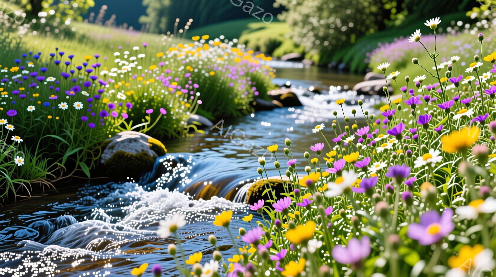 鮮やかな紫、黄、白の花々が茂り、小川のほとりを彩っている。水は岩の間を流れ落ち、きらきらと輝き、背景には緑豊かな木々と穏やかな日差しが広がっている。全体として、静かで穏やかな、自然の美しさを表現した風景写真である。