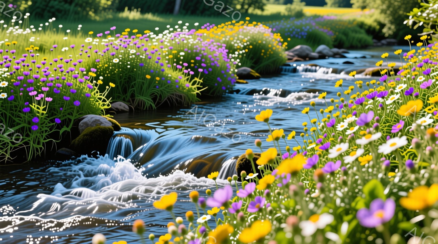 小川が岩の間を流れ落ち、周囲には色とりどりの野花が咲き乱れている風景です。紫、黄色、白の花々が緑の草むらと調和し、穏やかで牧歌的な雰囲気を醸し出しています。背景には緑豊かな丘が見え、晴れた日の自然の美 - AI生成フリー素材