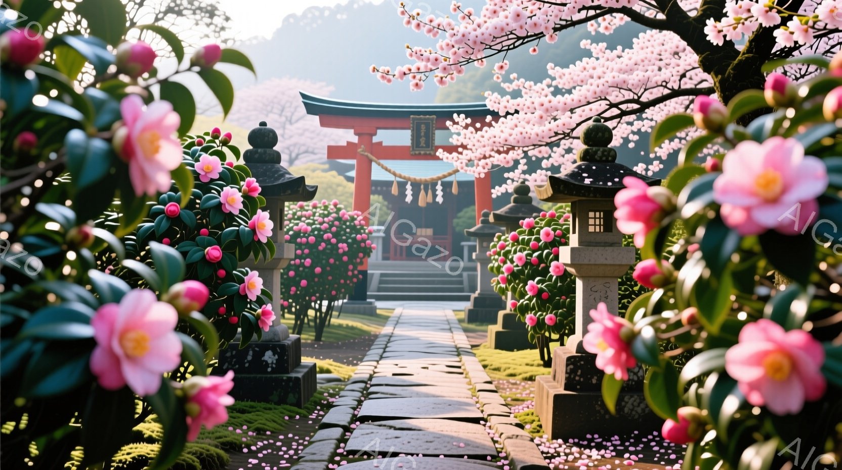 鮮やかな椿の花に囲まれた石畳の道が、朱色の鳥居へと続いています。背景には緑豊かな木々と、遠くに見える社殿が春の柔らかな光の中で静かに佇んでいます。道には散りゆく花びらが舞い、穏やかで神聖な雰囲気を醸し出しています。