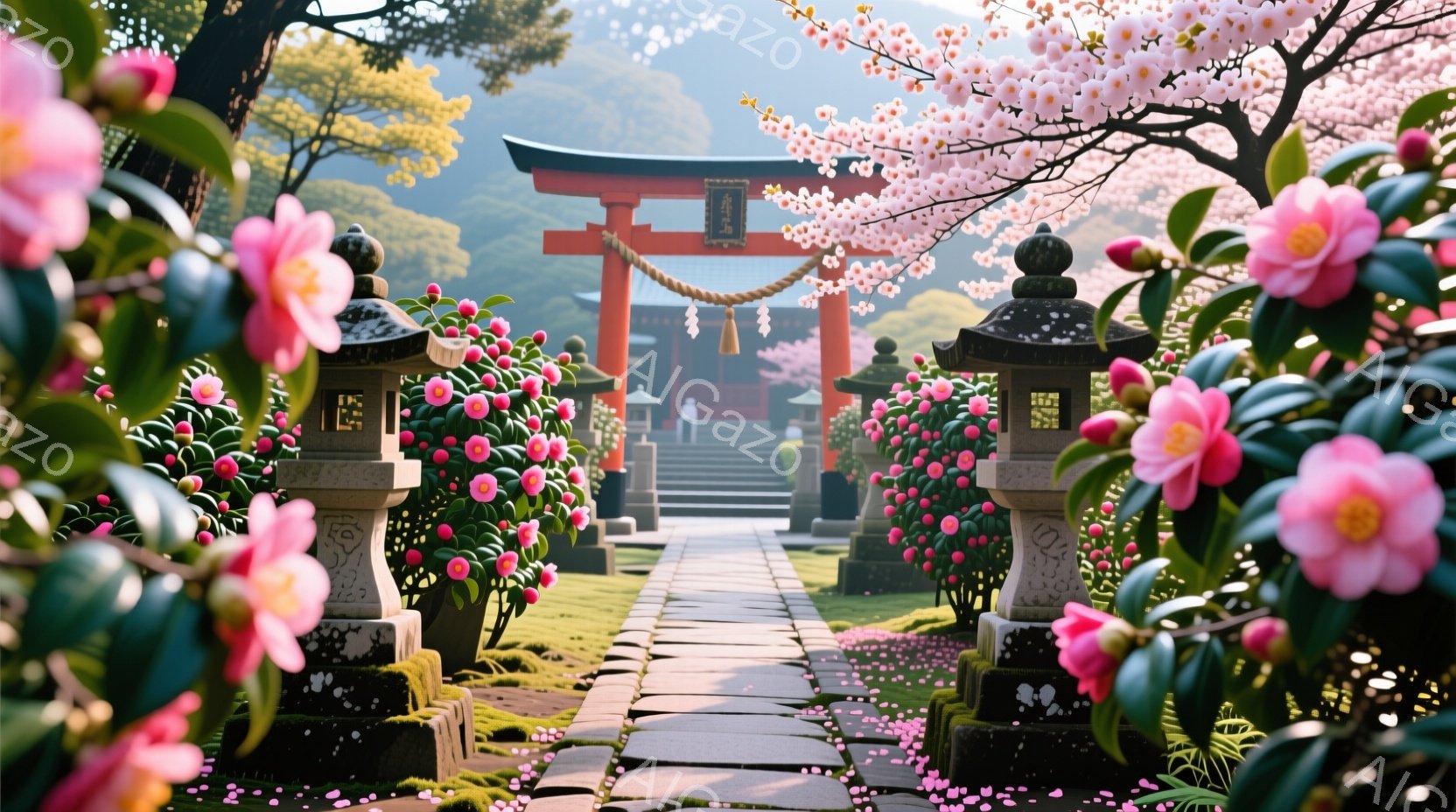 朱色の鳥居が遠くに見える参道を行く人々が描かれています。両脇にはピンク色のツバキの花が咲き乱れ、石灯籠が並び、緑豊かな自然に囲まれています。空からは桜の花びらが舞い降り、穏やかで神聖な雰囲気を醸し出し - AI生成フリー素材