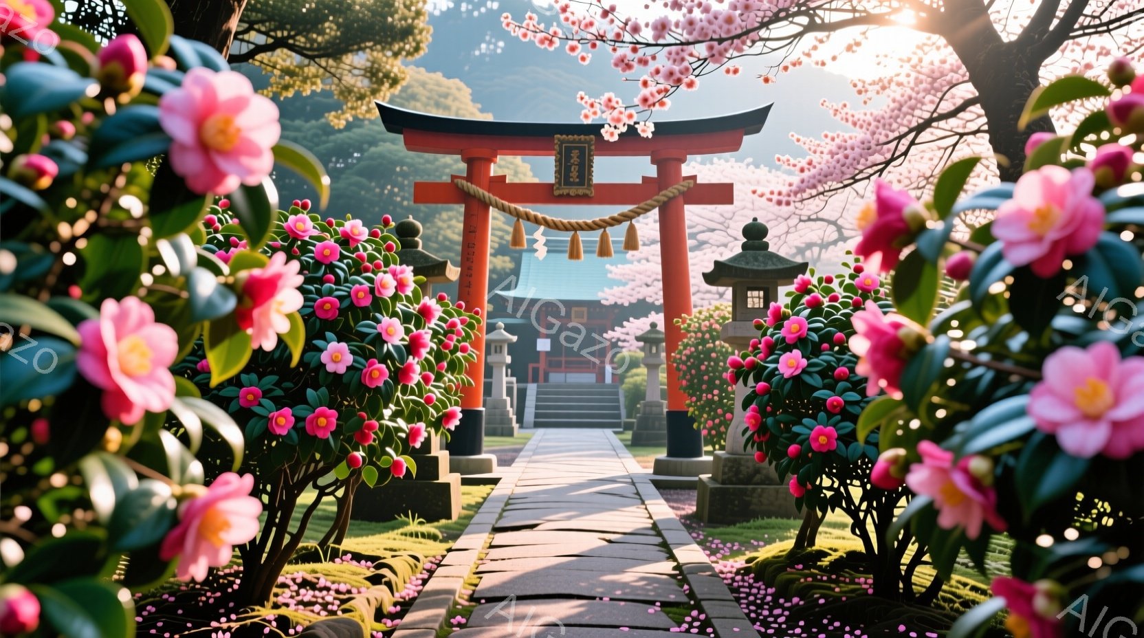 朱色の鳥居が咲き乱れる椿に囲まれた石畳の道を彩り、奥には鮮やかな朱色の社殿が見える。道は桜並木に続き、春の柔らかな光が降り注ぎ、静かで穏やかな雰囲気を醸し出している。全体的に、自然と伝統が調和した、日 - AI生成フリー素材