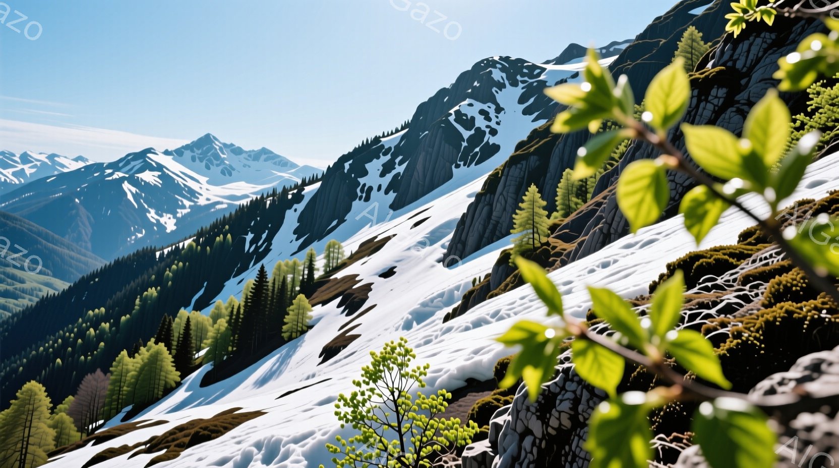 雄大な山々の景色が広がっており、雪を頂いた山頂と緑豊かな森林が印象的です。画面手前に緑の葉が咲き誇る植物が配置され、春の訪れを感じさせます。晴天の下、雪解け水が流れ落ちる様子が、自然の力強さと美しさを表現しています。